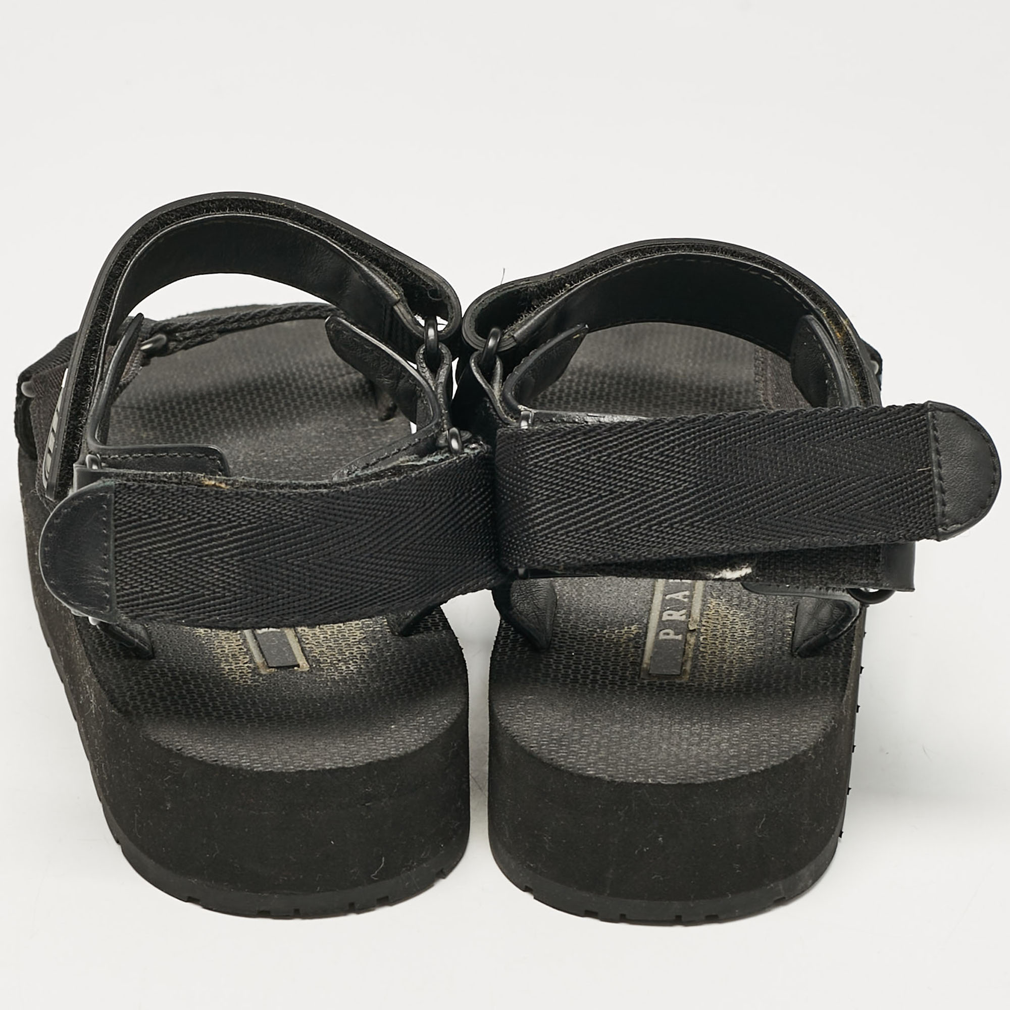 Prada Black Leather and Canvas Tape Strap Flat Sandals Size 38 