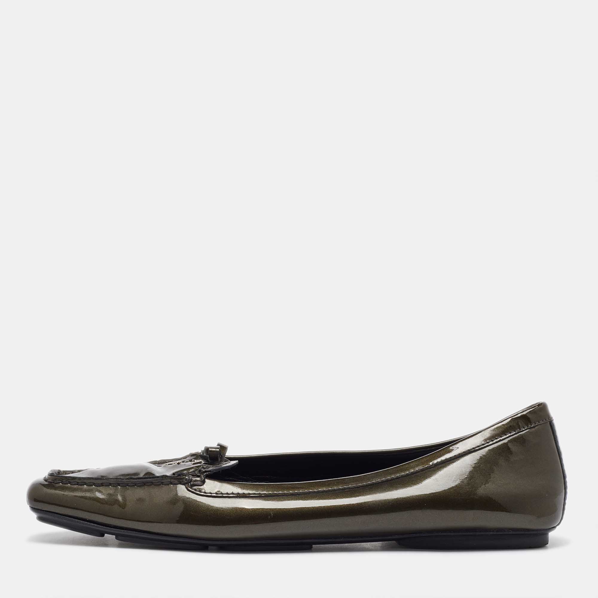 

Prada Olive Green Patent Leather Penny Loafers Size