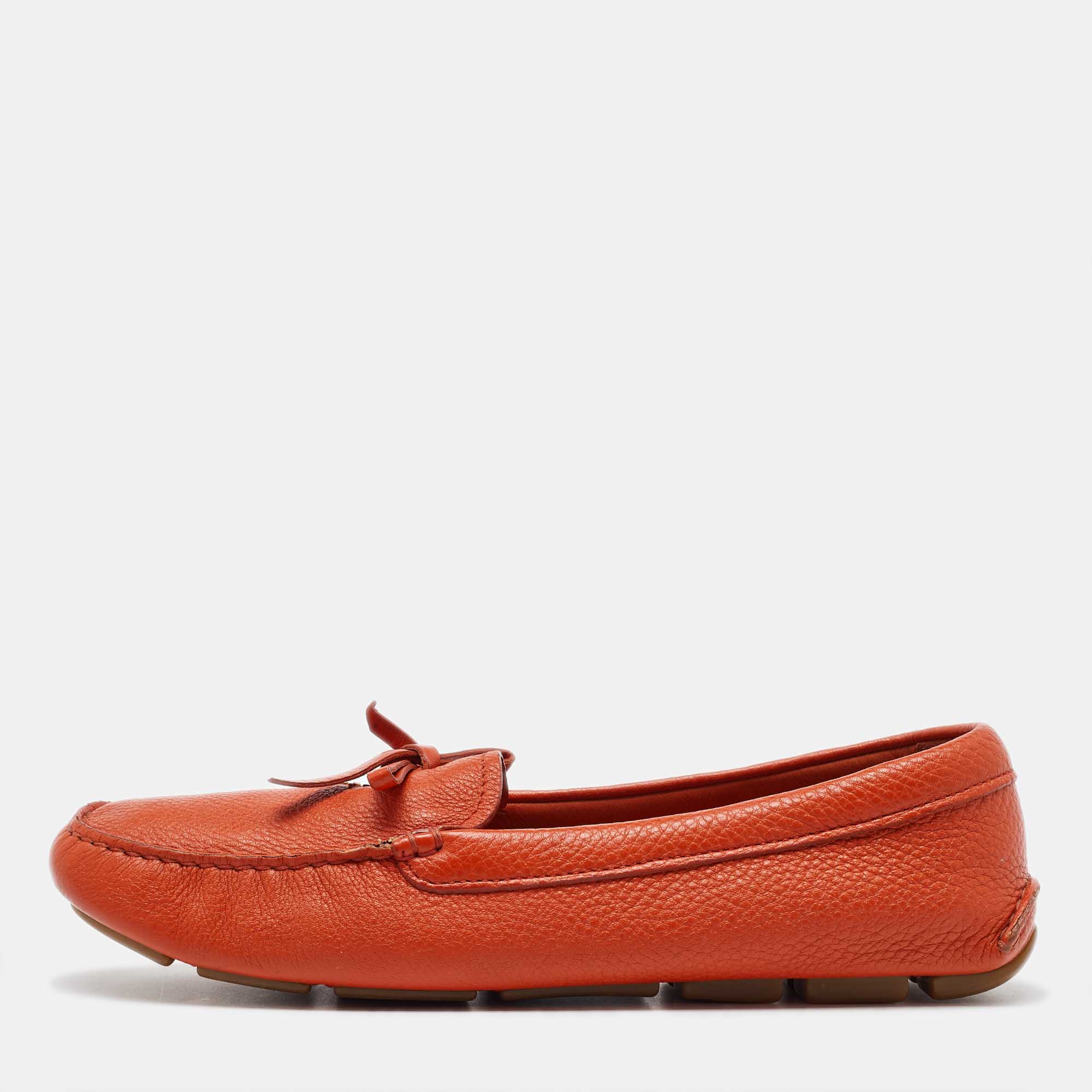 

Prada Orange Leather Penny Loafers Size