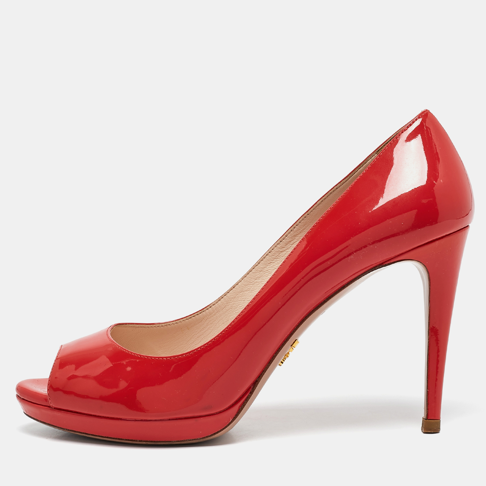 

Prada Coral Pink Patent Leather Peep Toe Pumps Size