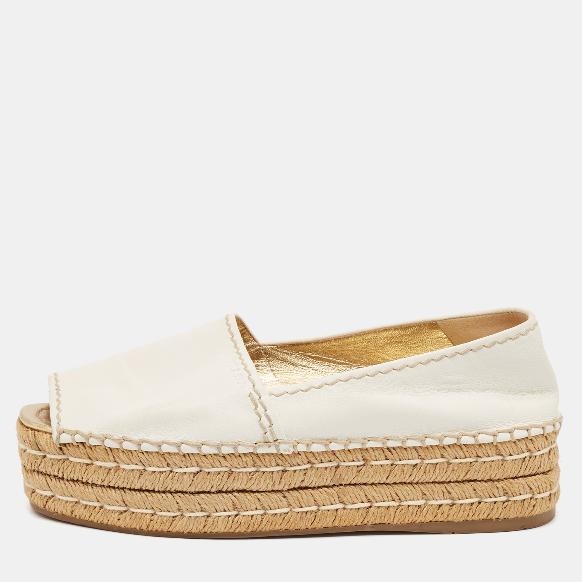 

Prada White Leather Peep Toe Platform Espadrille Flats Size