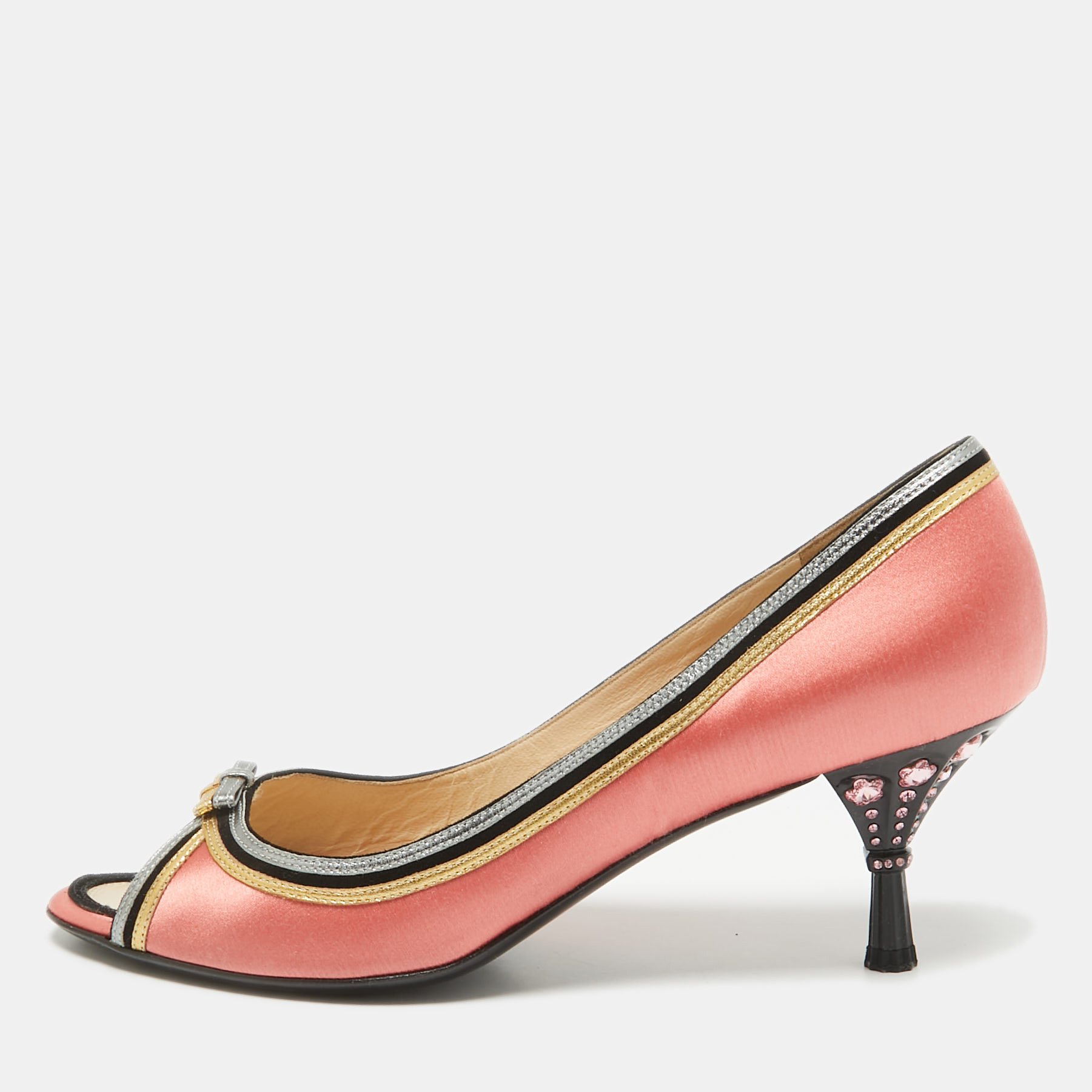 

Prada Multicolor Leather and Satin Peep Toe Pumps Size