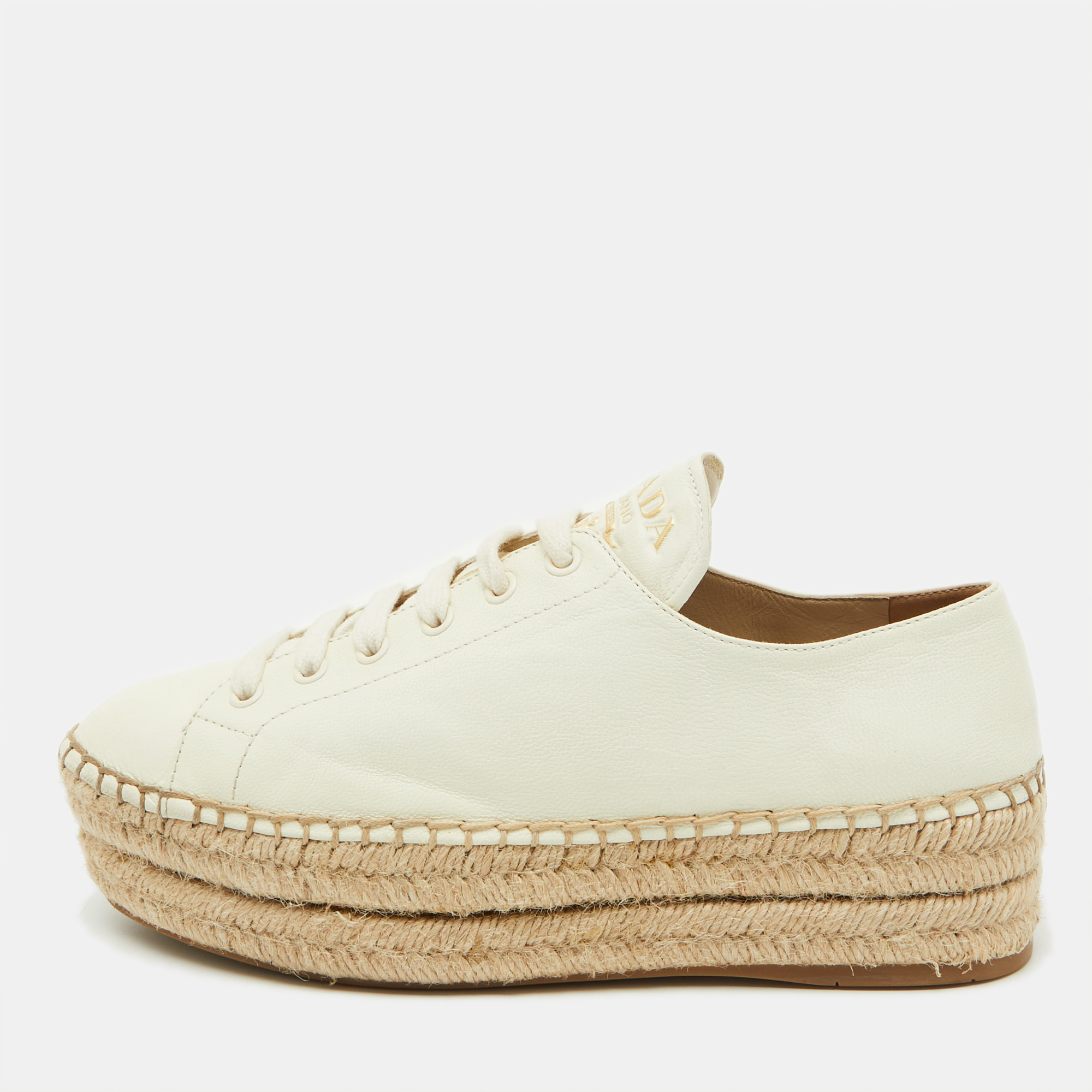 

Prada White Leather Platform Espadrille Lace Up Sneakers Size