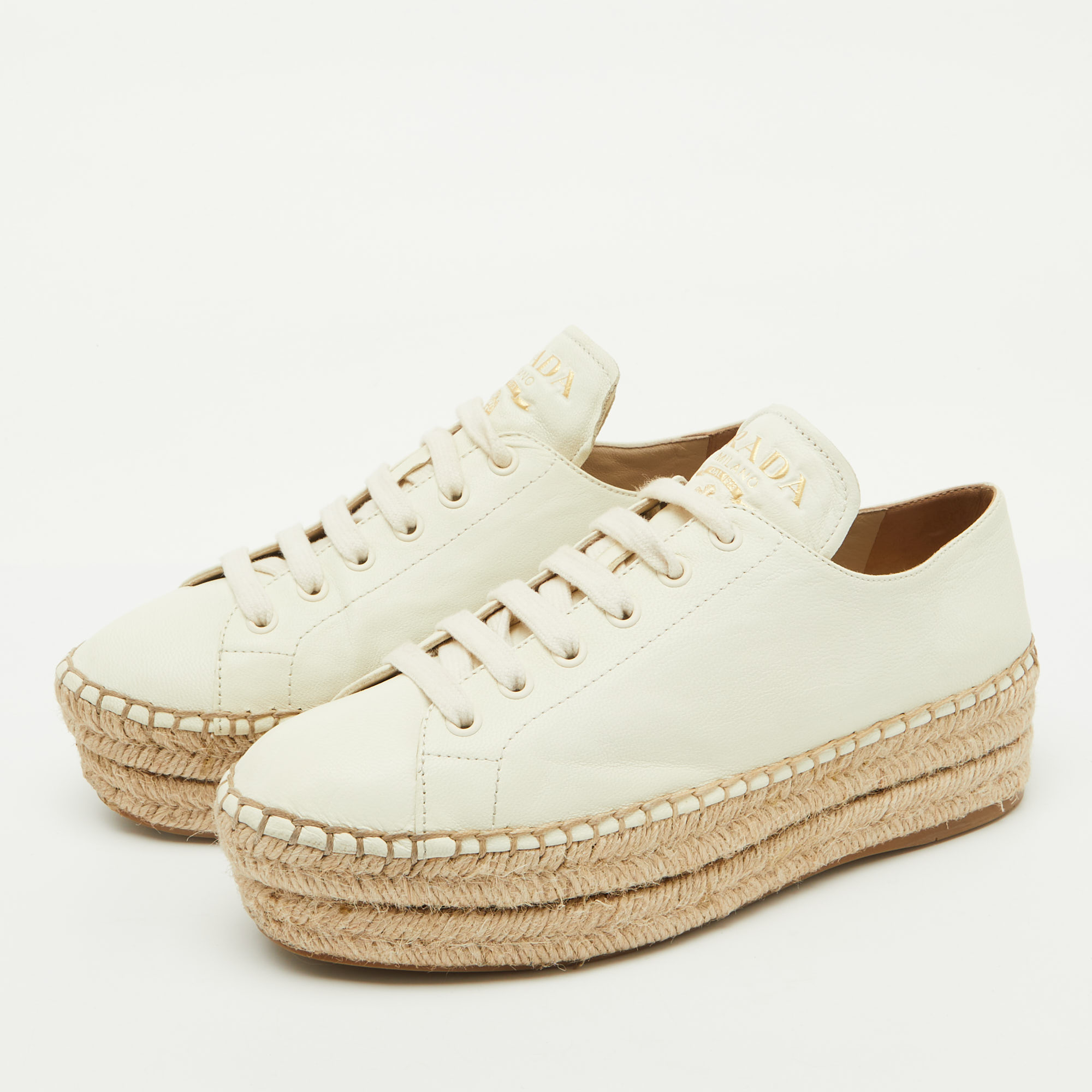Prada White Leather Platform Espadrille Lace Up Sneakers Size 38 