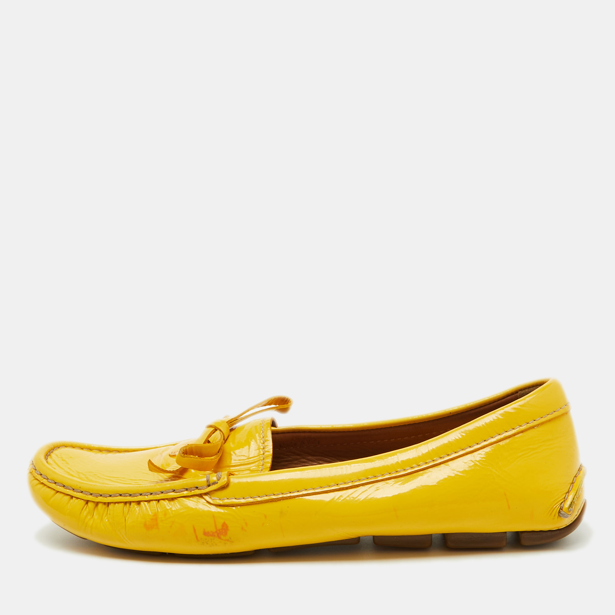 

Prada Mustard Yellow Patent Leather Bow Slip On Loafers Size