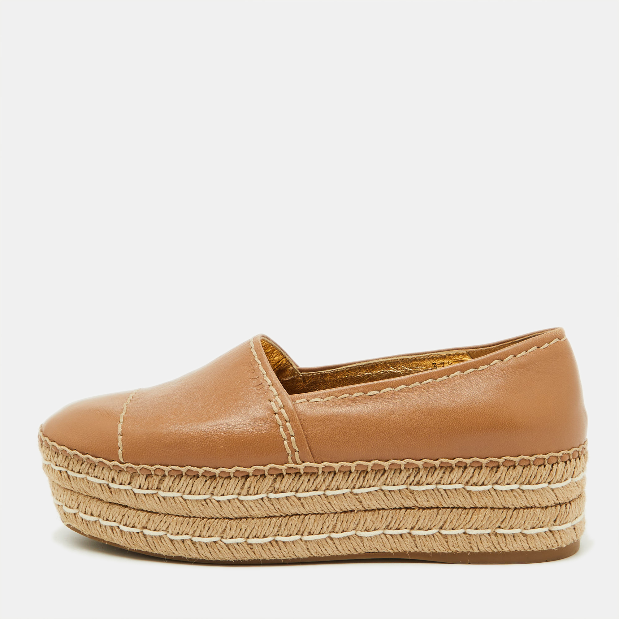 

Prada Beige Leather Platform Espadrille Flats Size