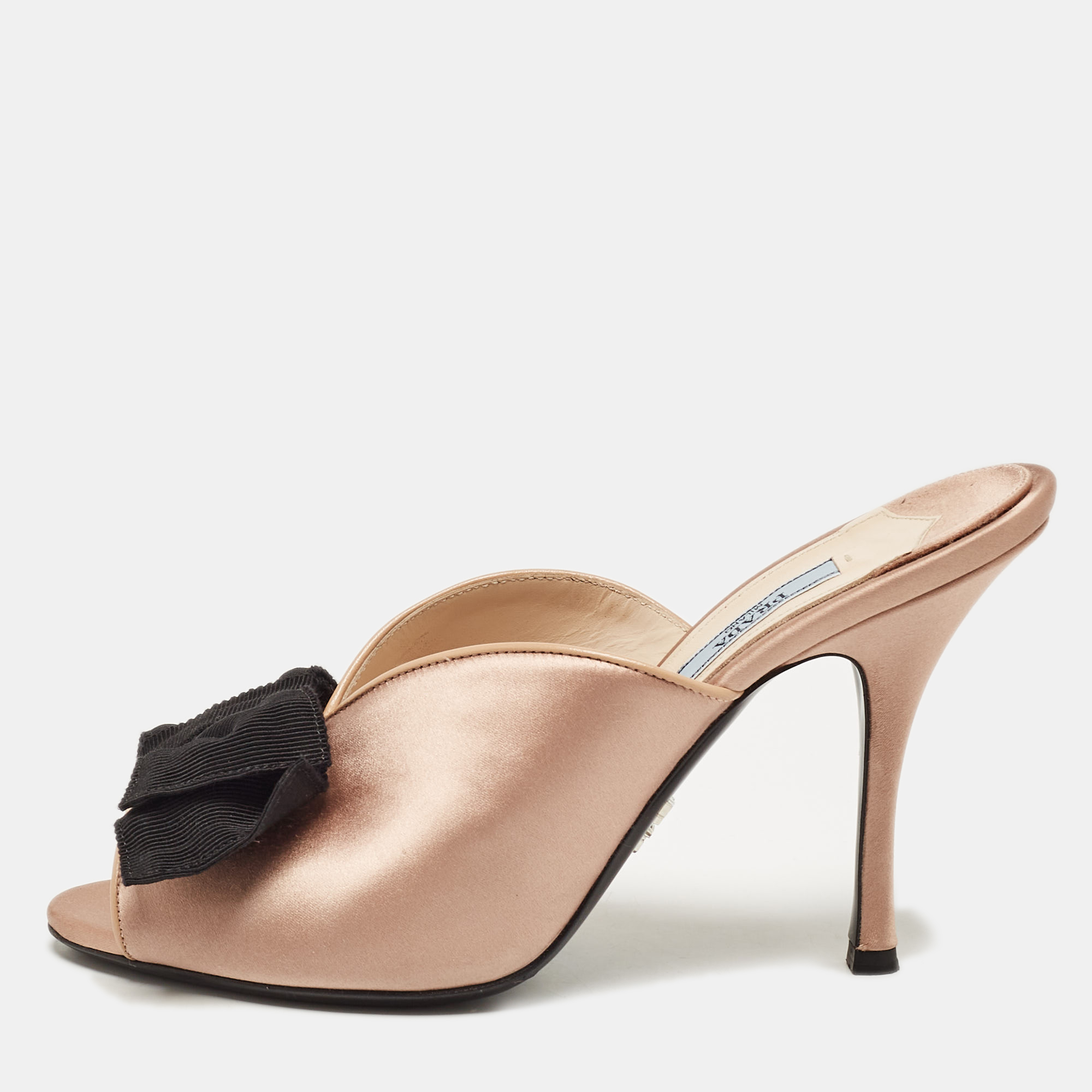 

Prada Dusty Pink/Black Satin and Grosgrain Bow Peep Toe Mules Size