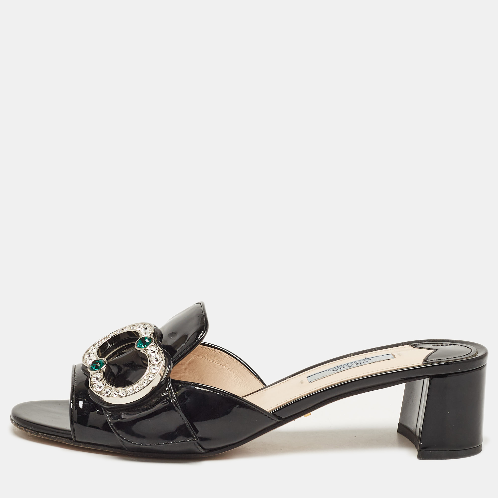 

Prada Black Patent Leather Crystal Embellished Slide Sandals Size