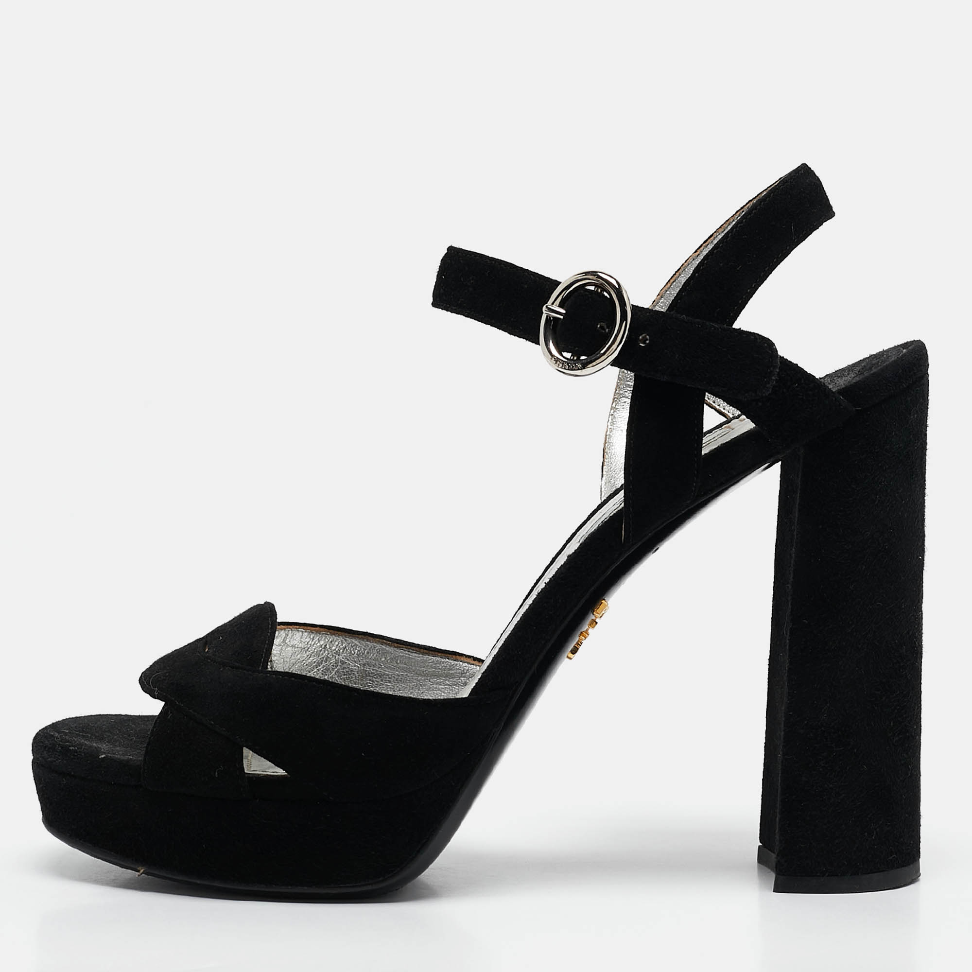 

Prada Black Suede Ankle Strap Platform Block Heel Sandals Size