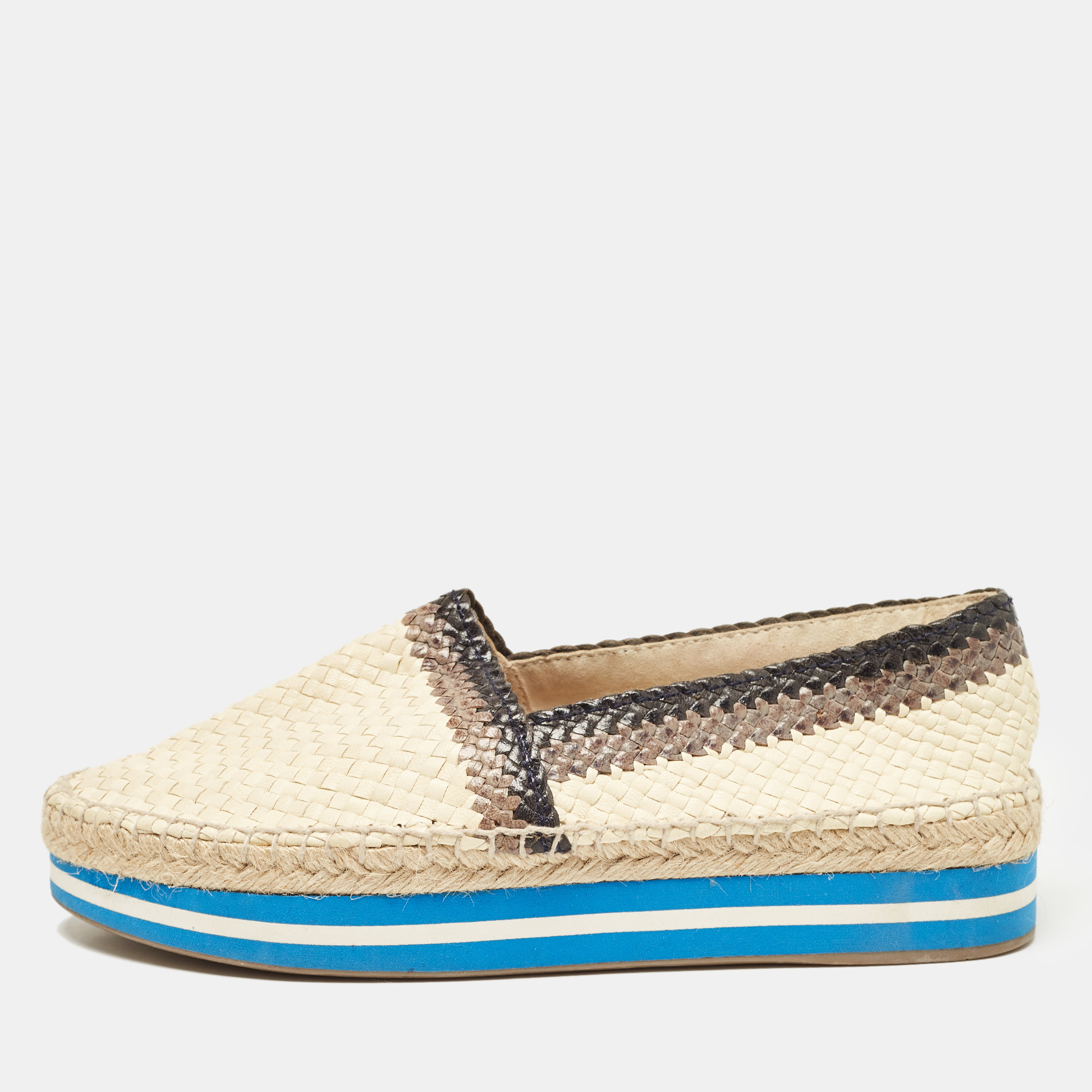 

Prada Cream/Brown Woven Leather Slip On Espadrille Flats Size