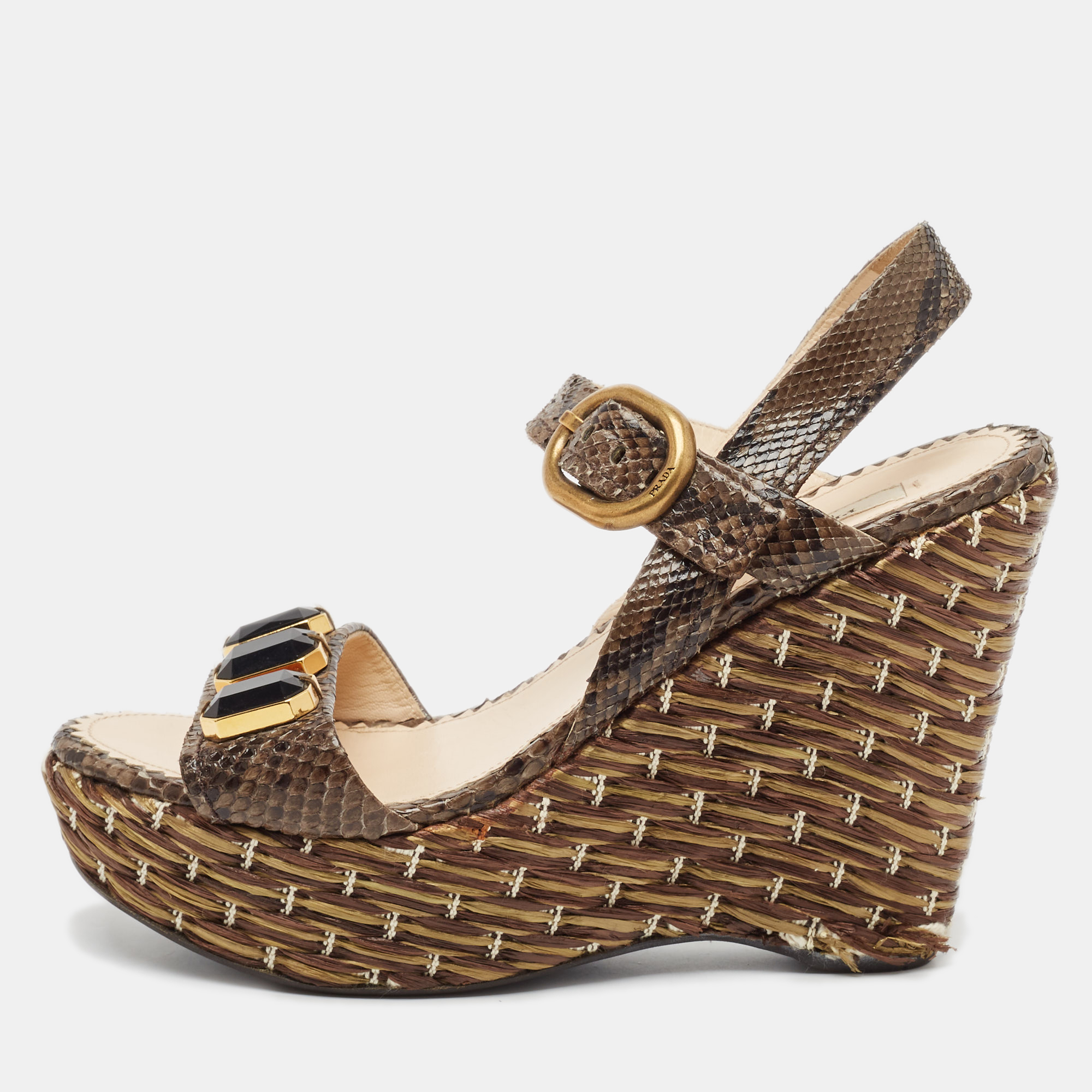 

Prada Brown Python Leather Wedge Ankle Strap Sandals Size