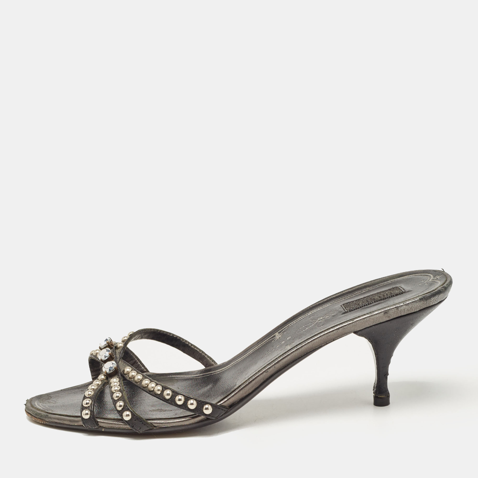 

Prada Metallic Leather Crystal Embellished Slide Sandals Size