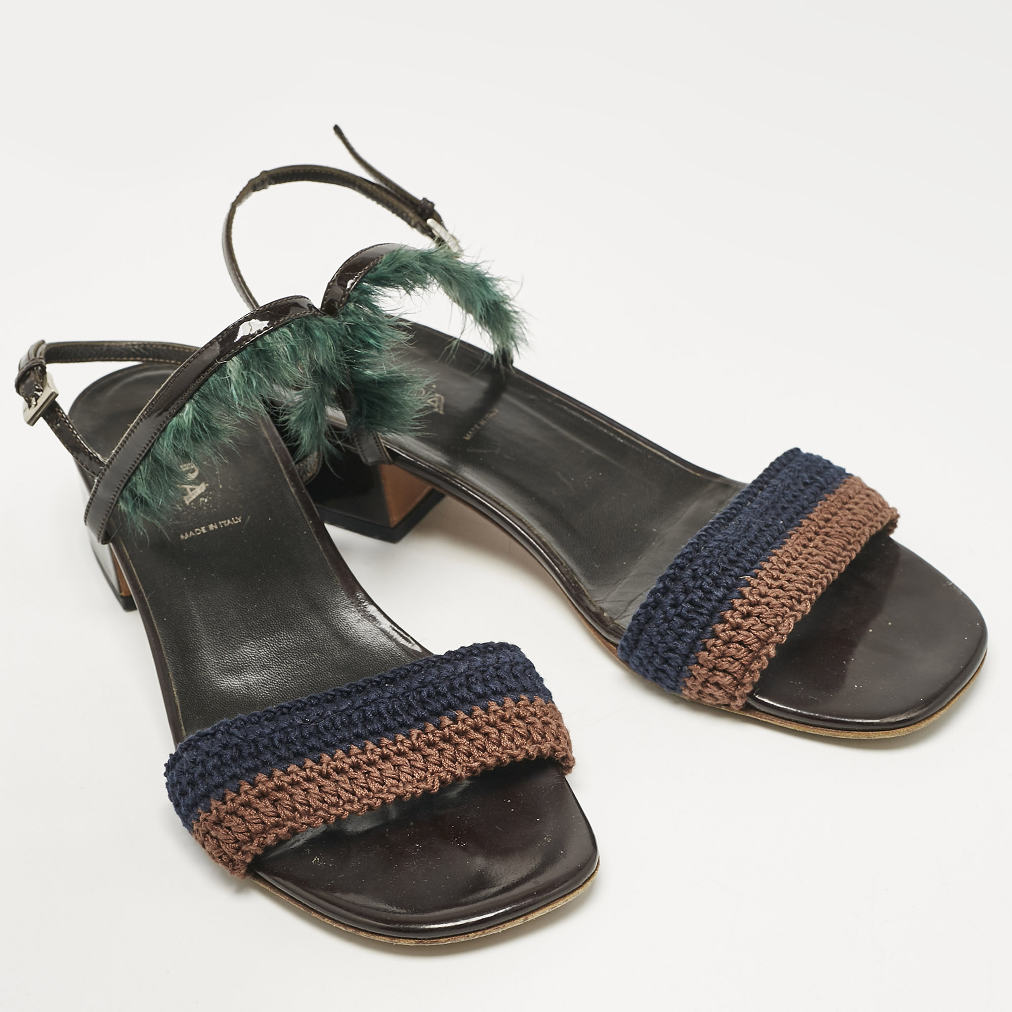 Prada Multicolor Crochet and Feather Ankle Strap Sandals Size 37.5 