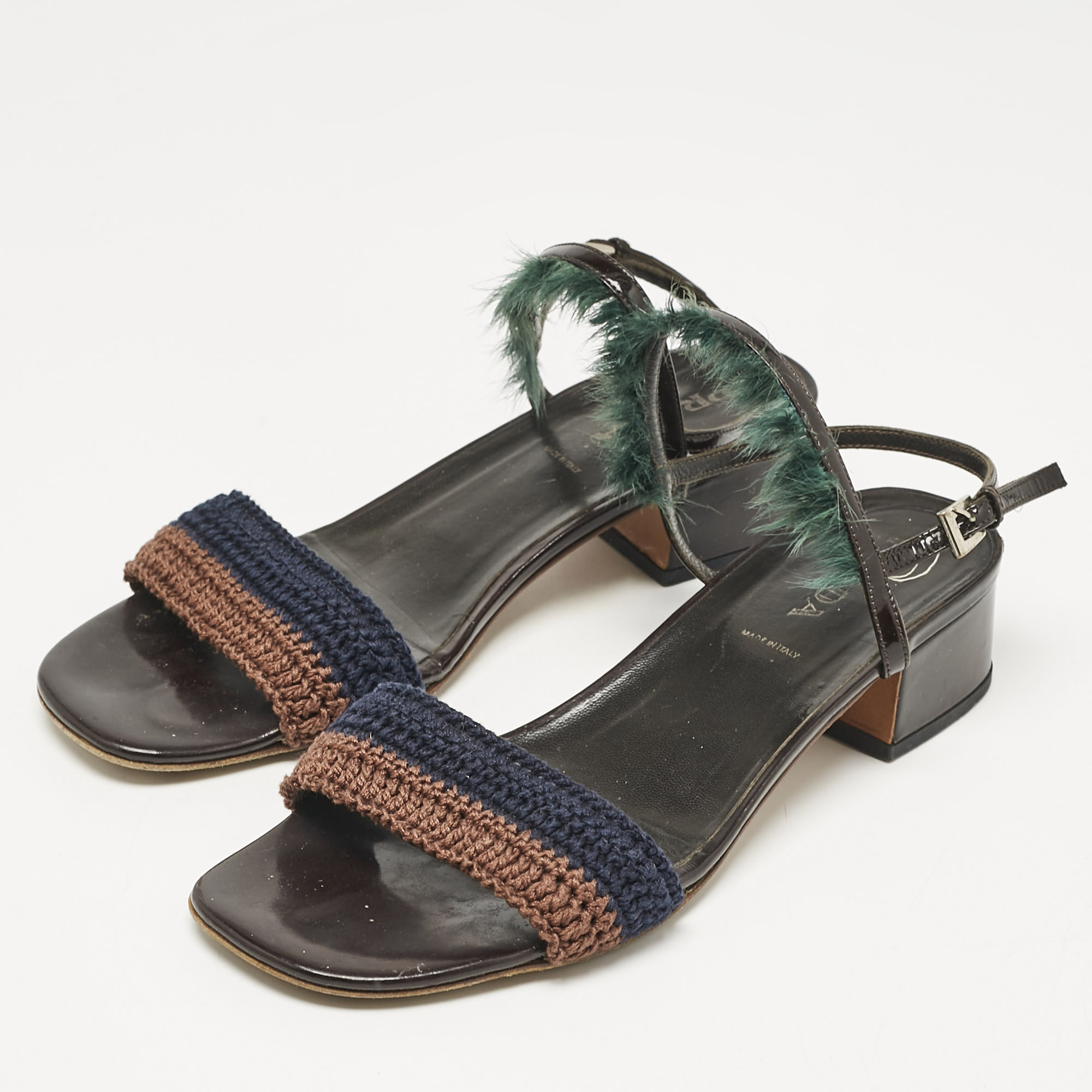 Prada Multicolor Crochet and Feather Ankle Strap Sandals Size 37.5 