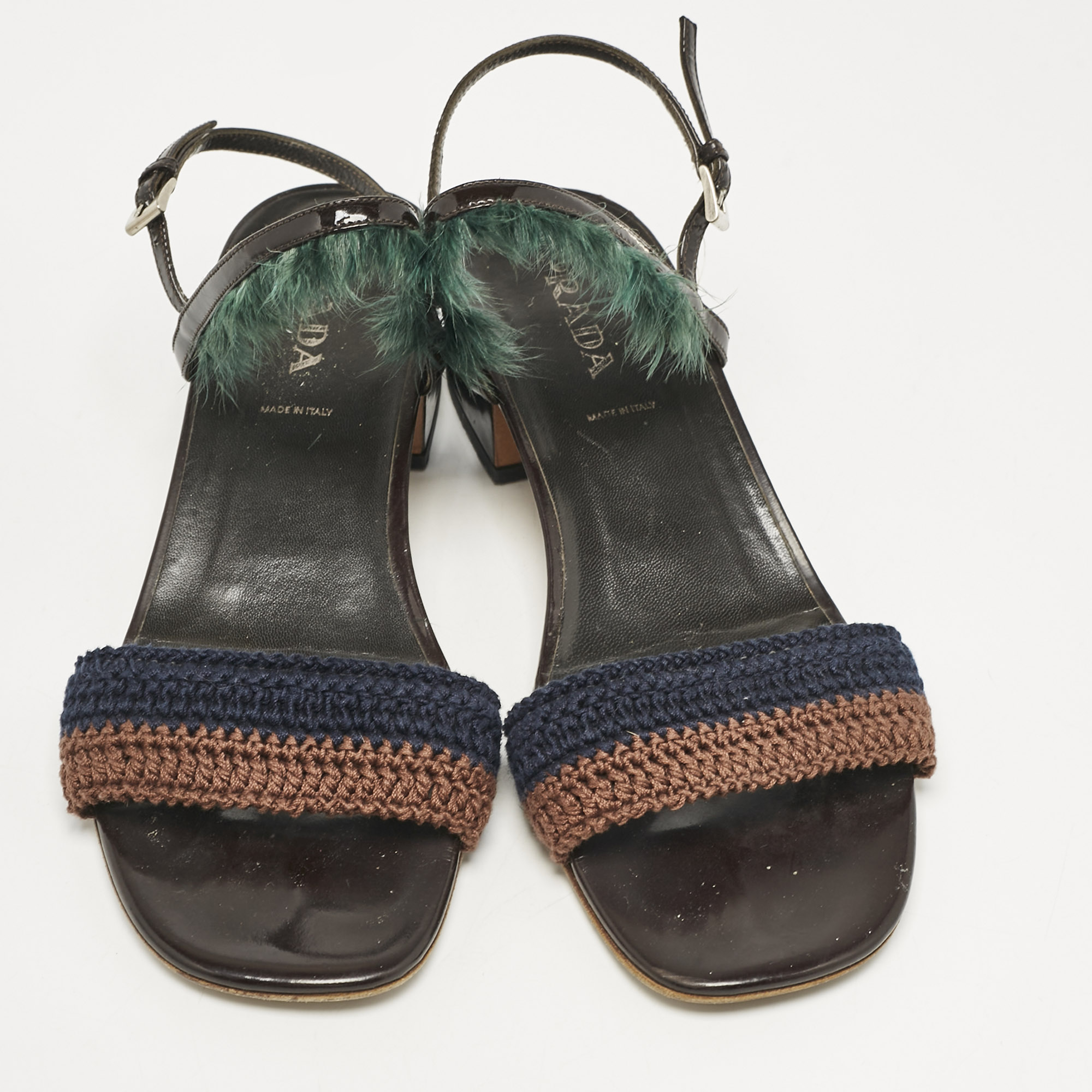 Prada Multicolor Crochet and Feather Ankle Strap Sandals Size 37.5 