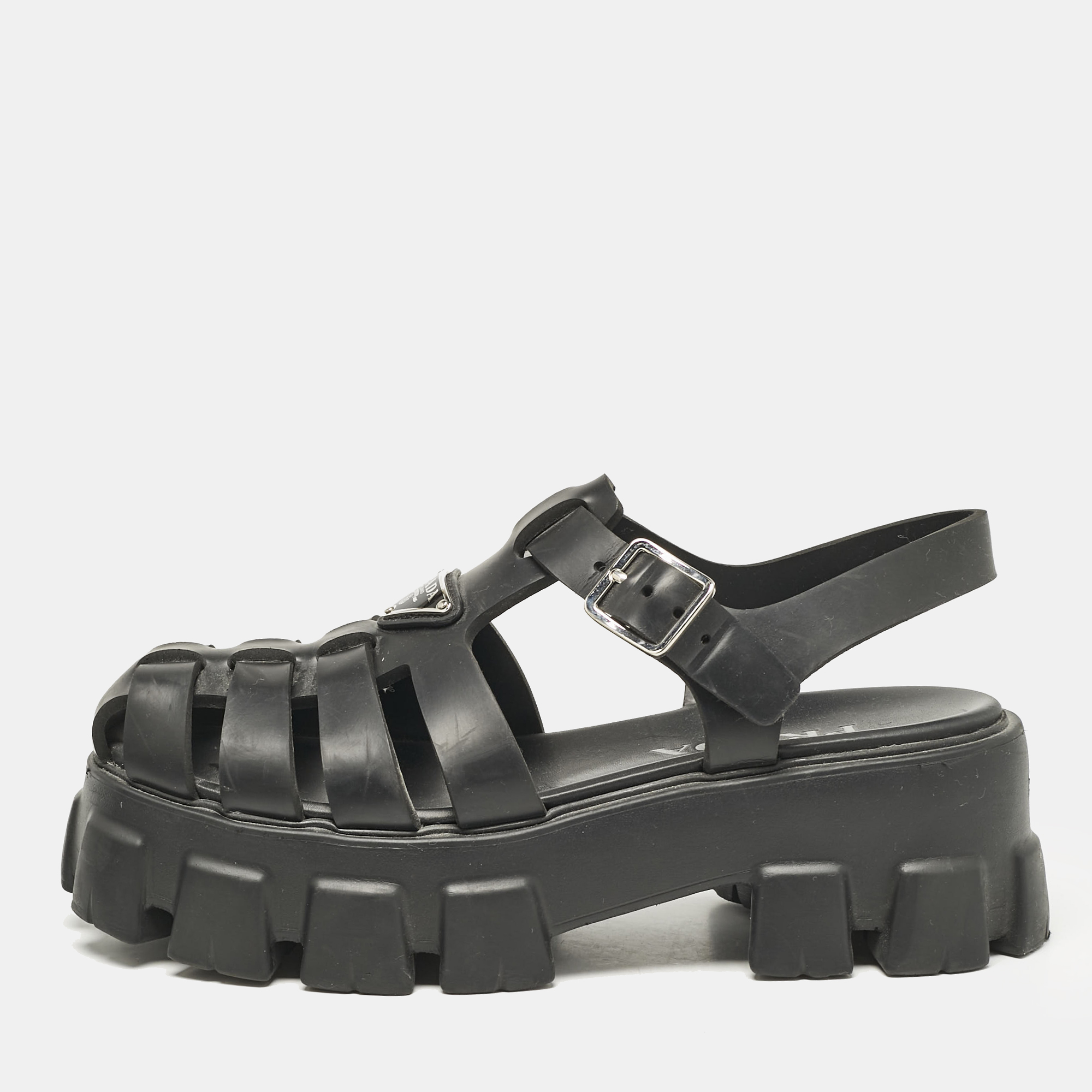 

Prada Black Rubber Monolith Ankle Strap Sandals Size