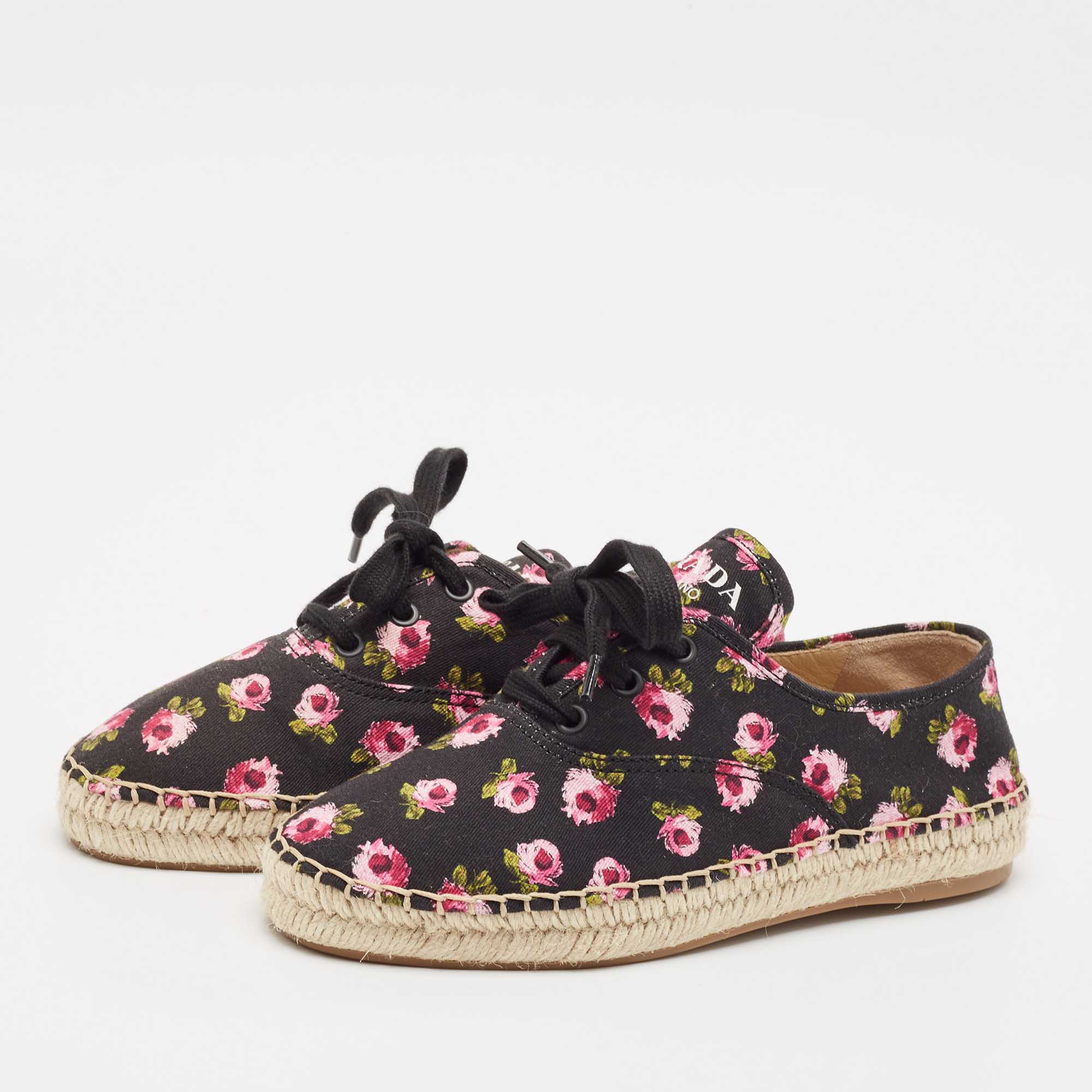 Prada Multicolor Canvas Lace Up Floral Print Espadrilles Size 37 