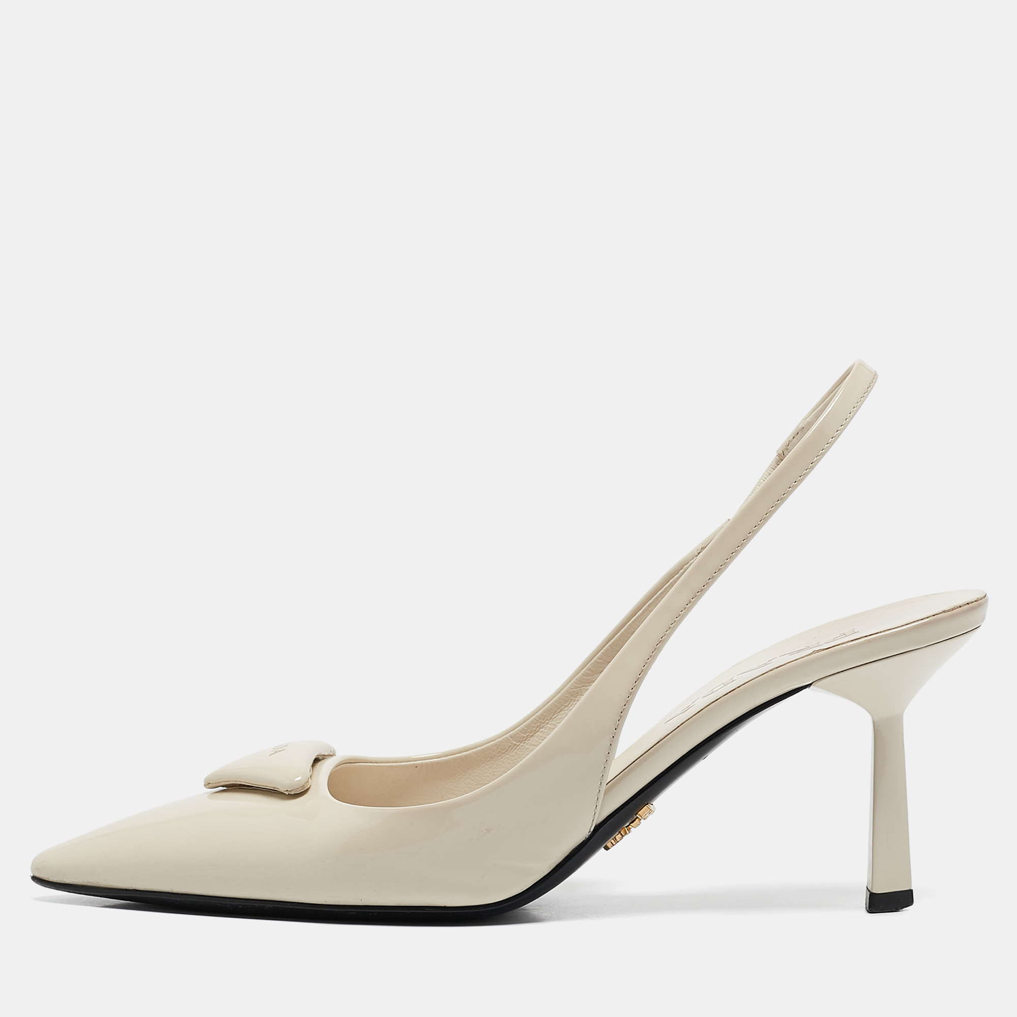 

Prada Cream Patent Leather Logo Pointed Toe Slingback Pumps Size