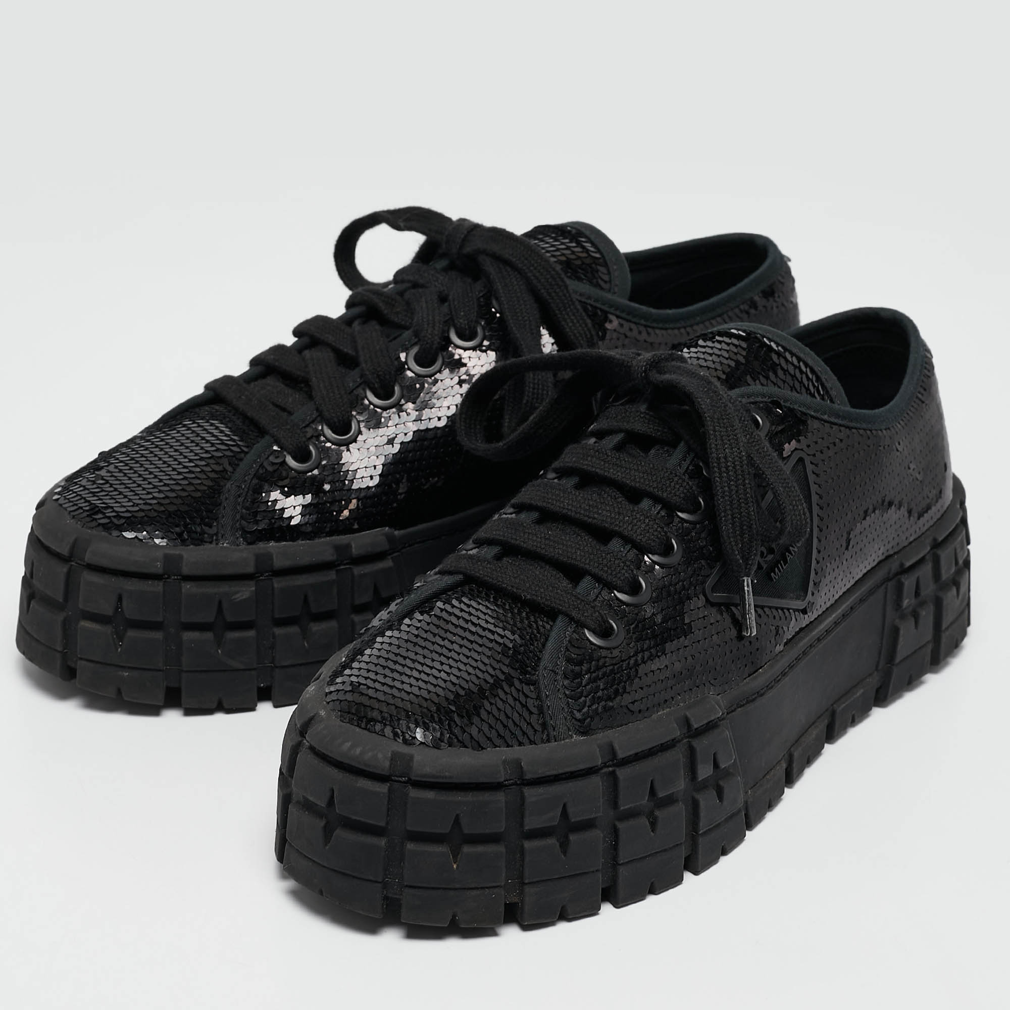 Prada Black Sequin Double Wheel Platform Sneakers Size 39 
