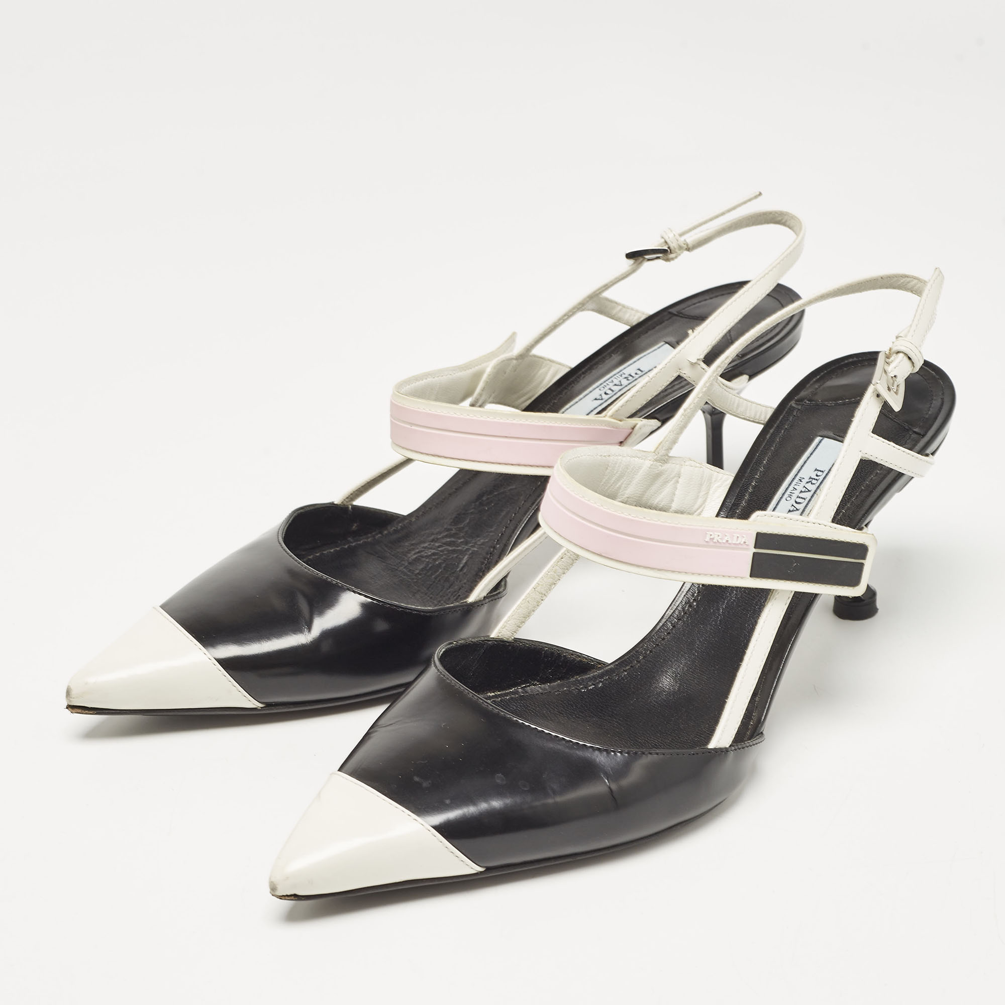 Prada Black/White Leather and Rubber Pointed Toe Slingback Pumps Size 41 