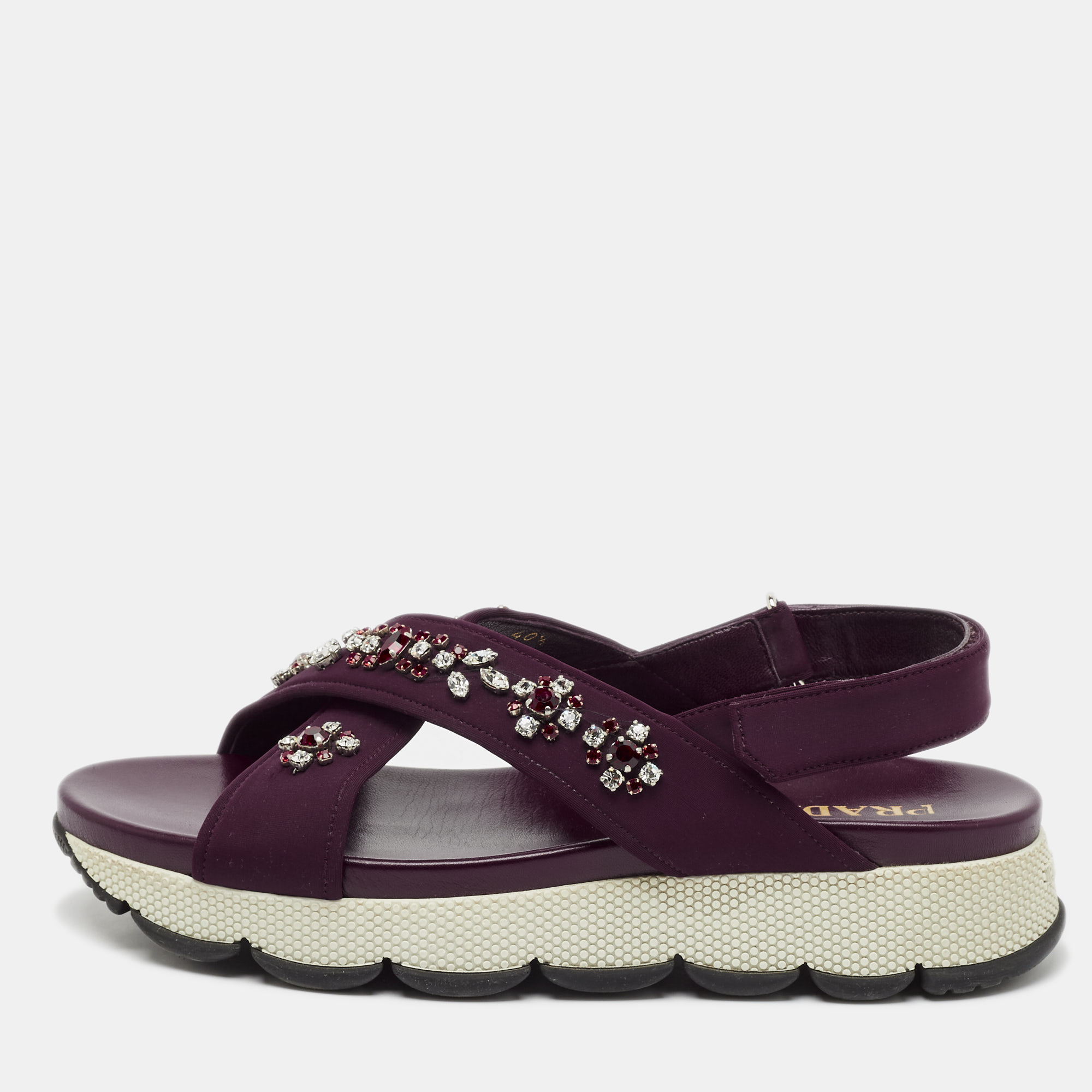 

Prada Purple Fabric and Leather Crystals Cross Strap Flats Size