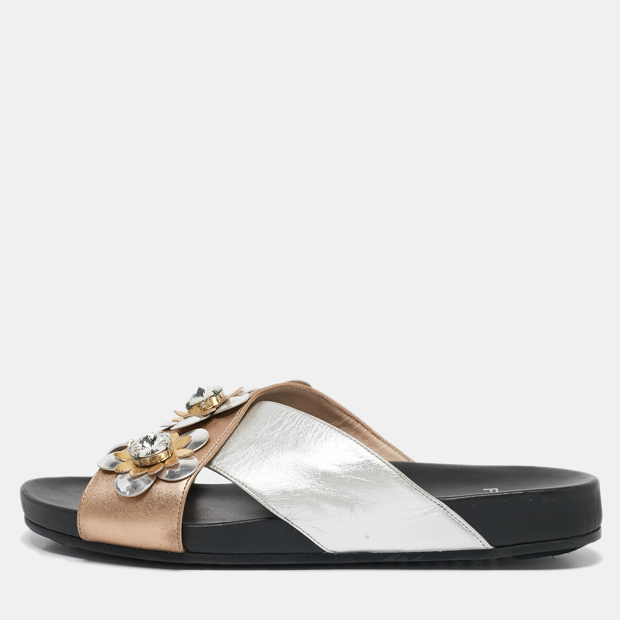 

Fendi Silver/Gold Leather Flowerland Slide Flat Sandals Size