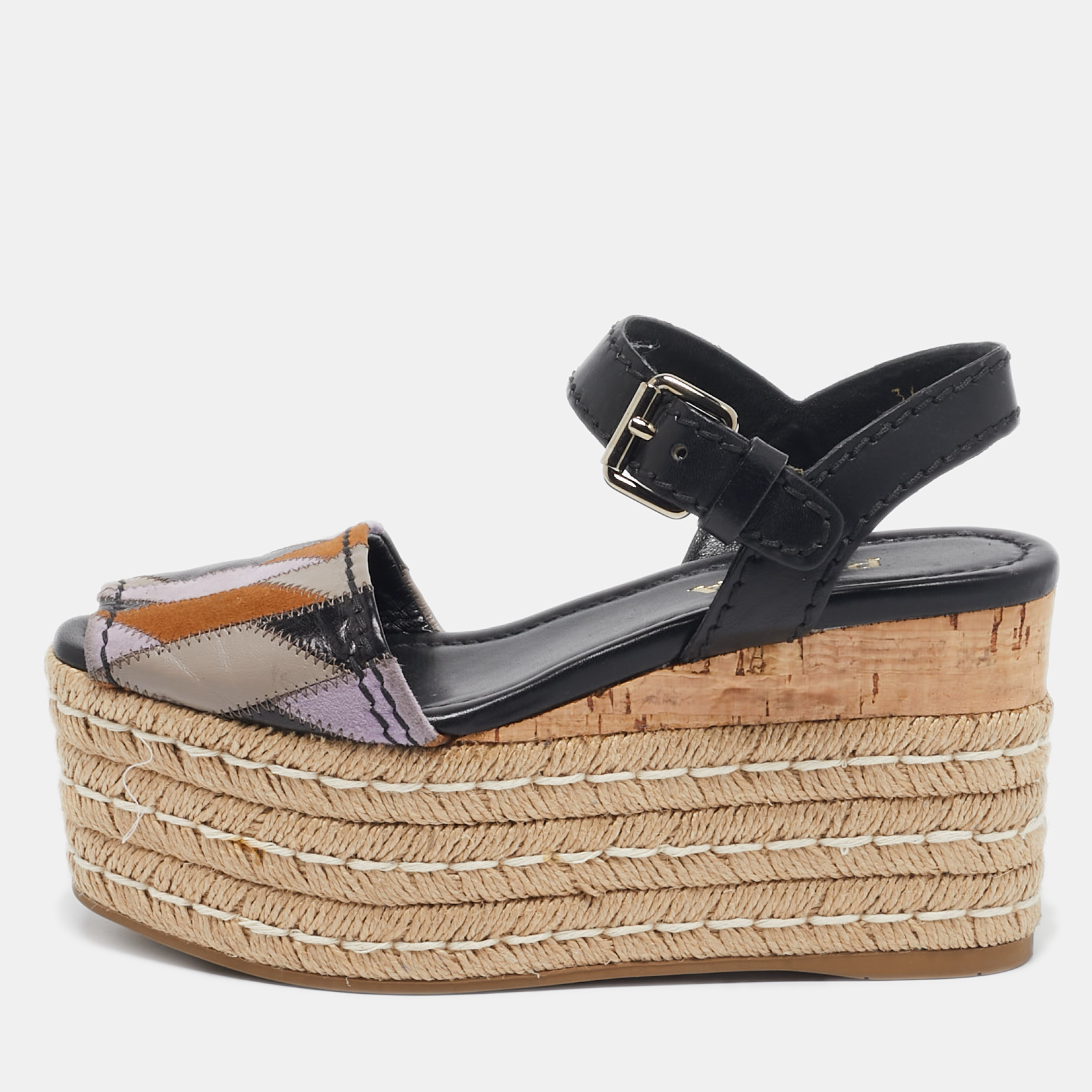 

Prada Multicolor Leather and Suede Cork Espadrille Platform Ankle Strap Sandals Size