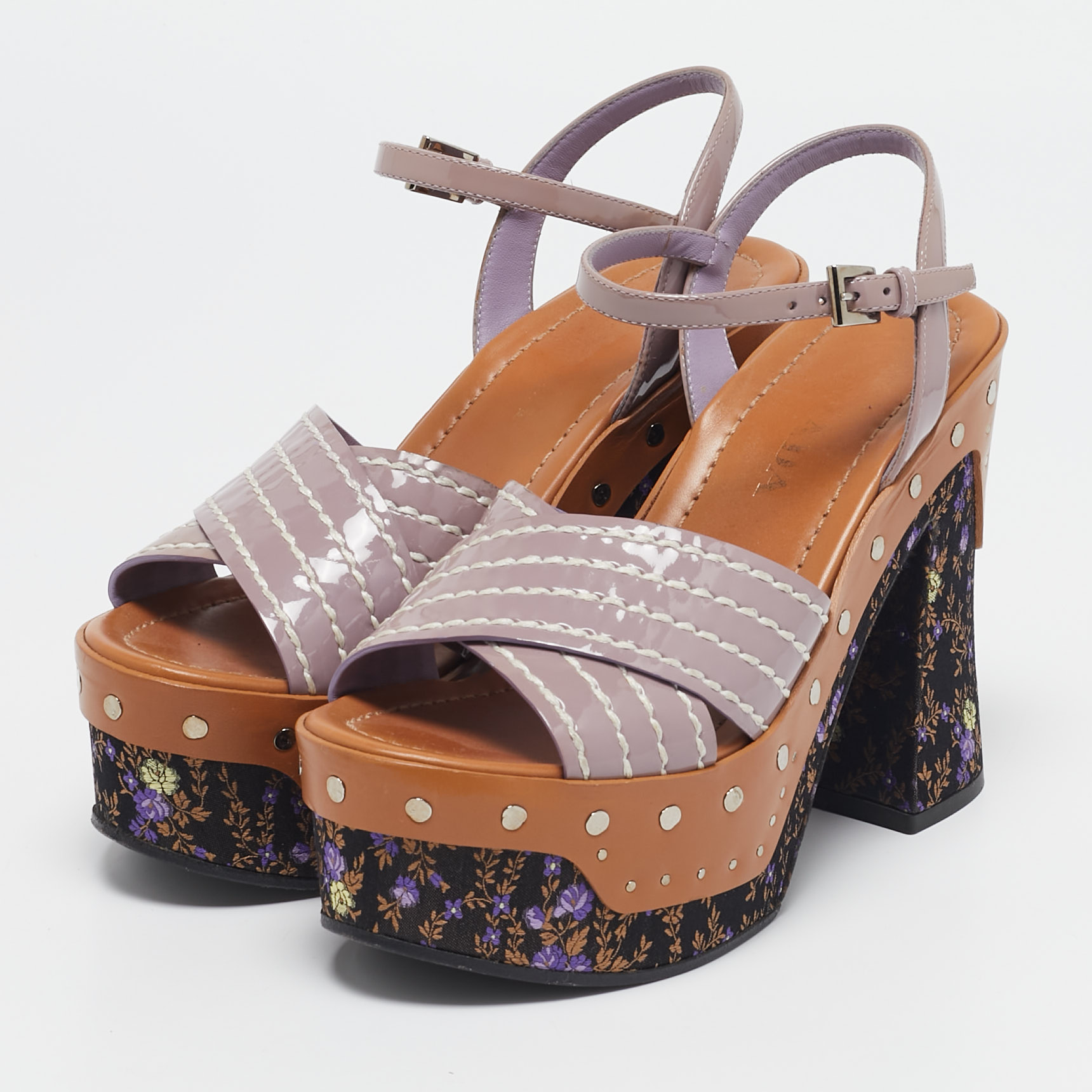 Prada Multicolor Patent Block Heel Ankle Strap Platform Sandals Size 36.5 