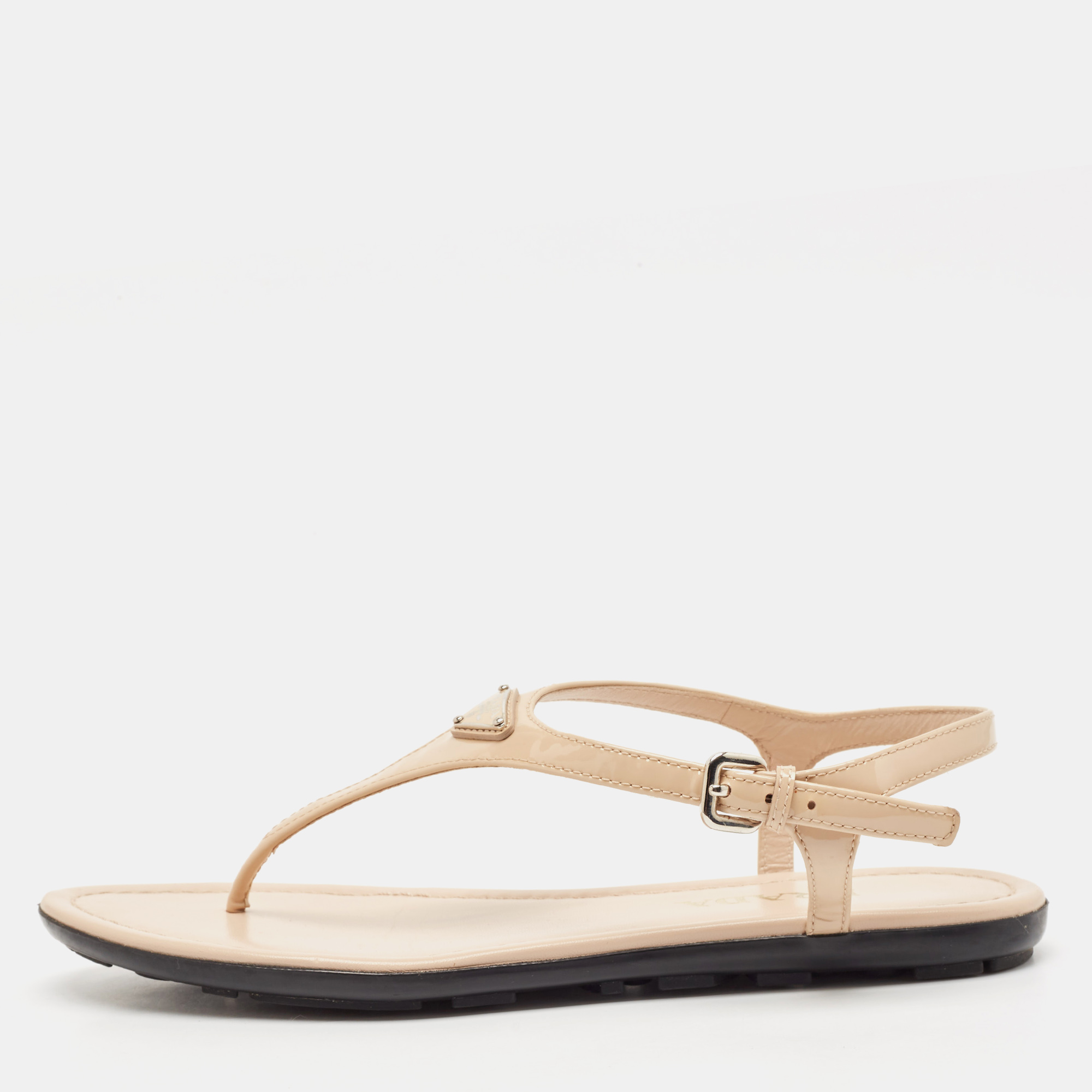 

Prada Beige Patent Leather Triangle Logo Thong Flat Sandals Size