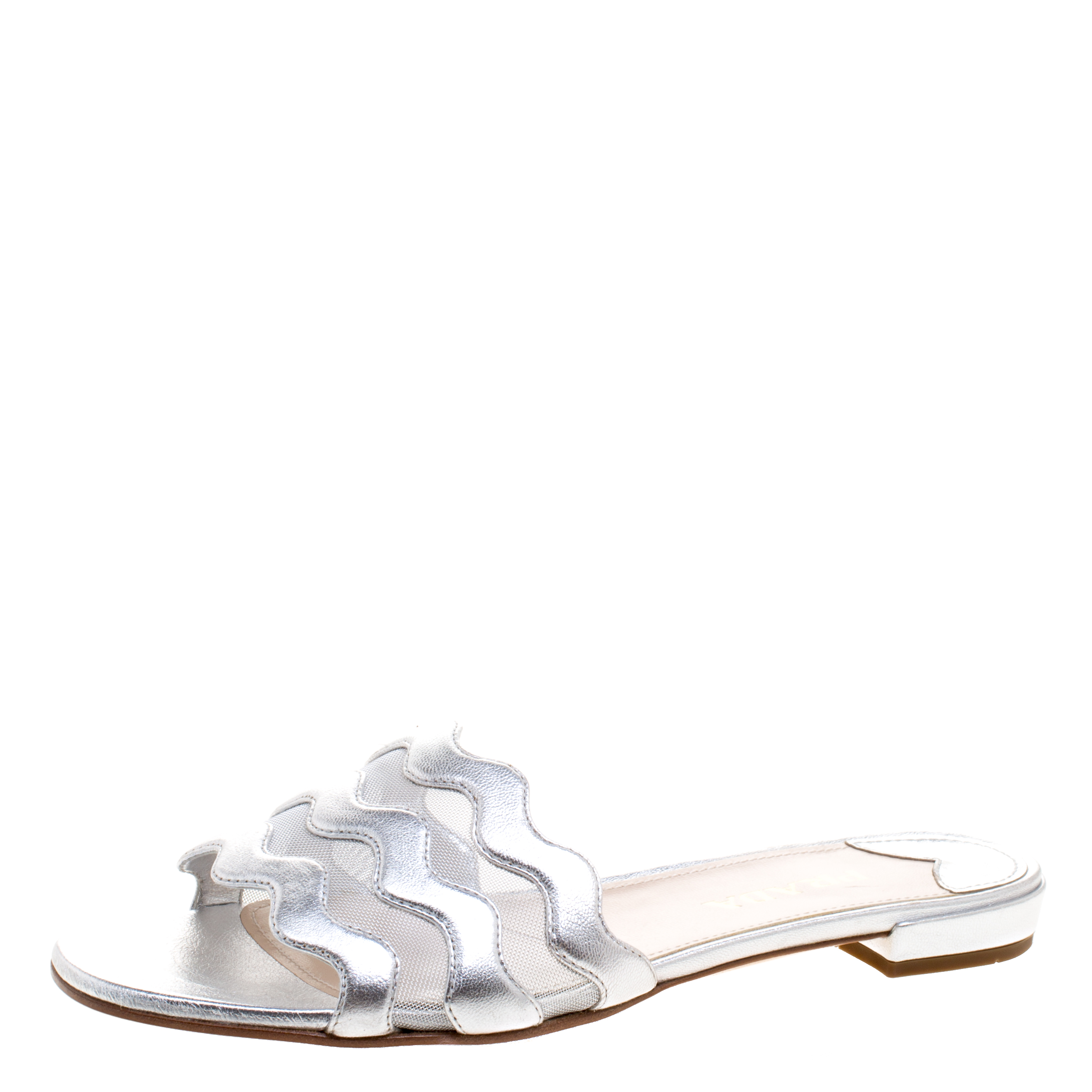 Pre Owned Prada Silver Metallic Wavy Leather and Mesh Flat Slides Size 38
