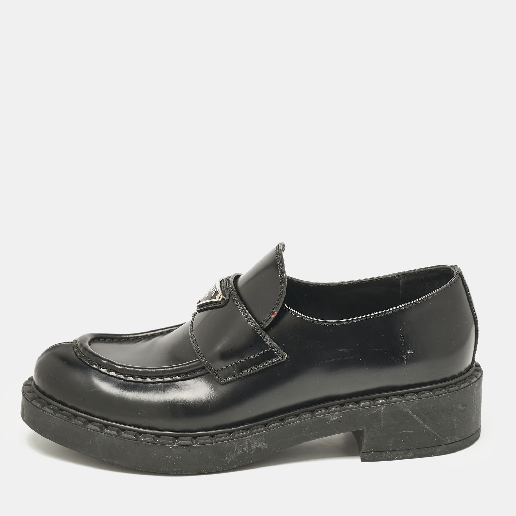 

Prada Black Brushed Leather Slip On Loafers Size