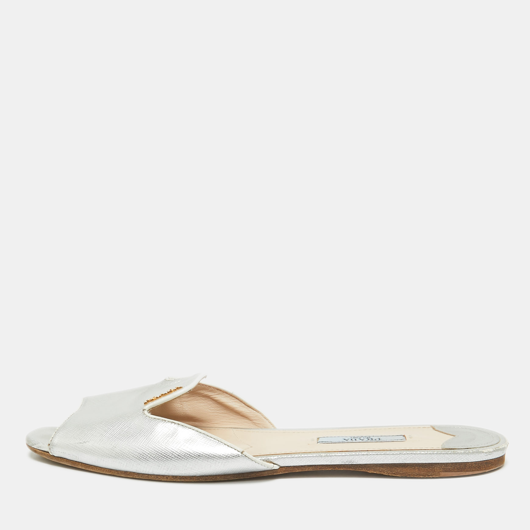 

Prada Silver Saffiano Leather Slide Flats Size