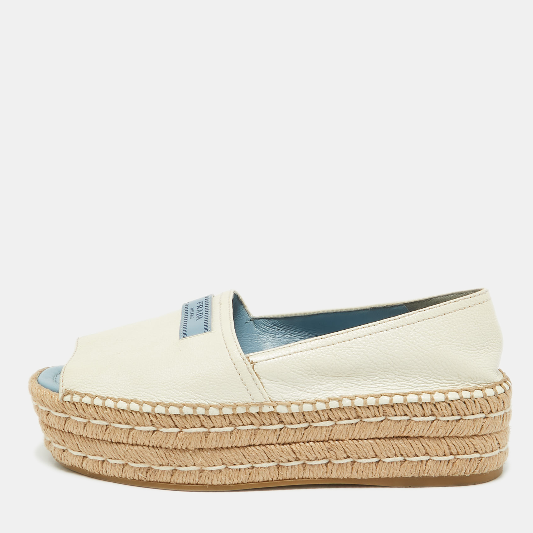 

Prada Cream Leather Open Toe Platform Espadrilles Size