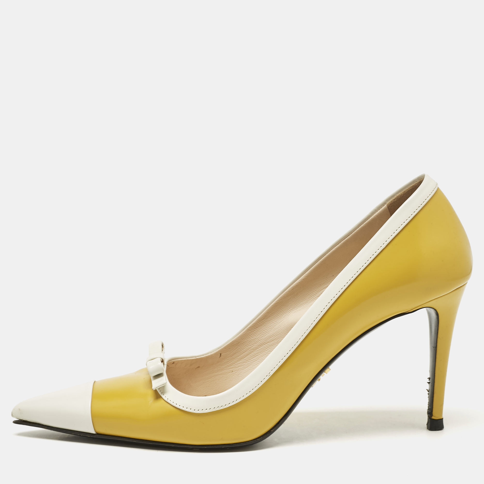 

Prada Two Tone Leather Bow Pointed Toe Pumps Size, Yellow