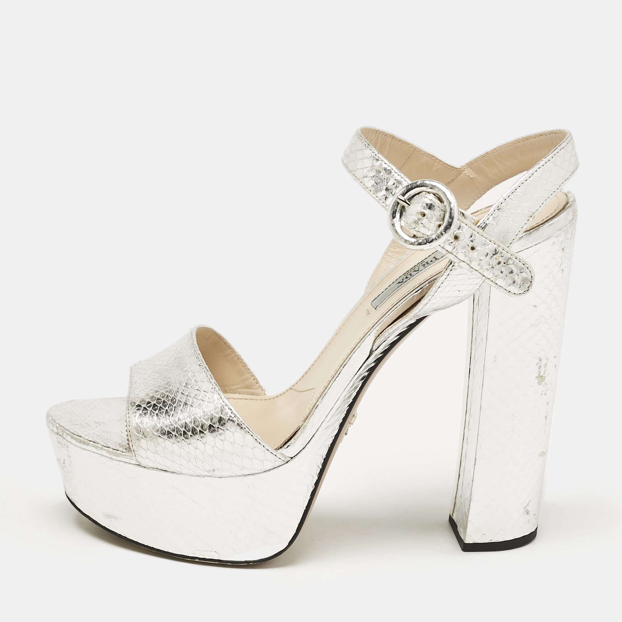 

Prada Silver Python Embossed Leather Platform Ankle Strap Sandals Size