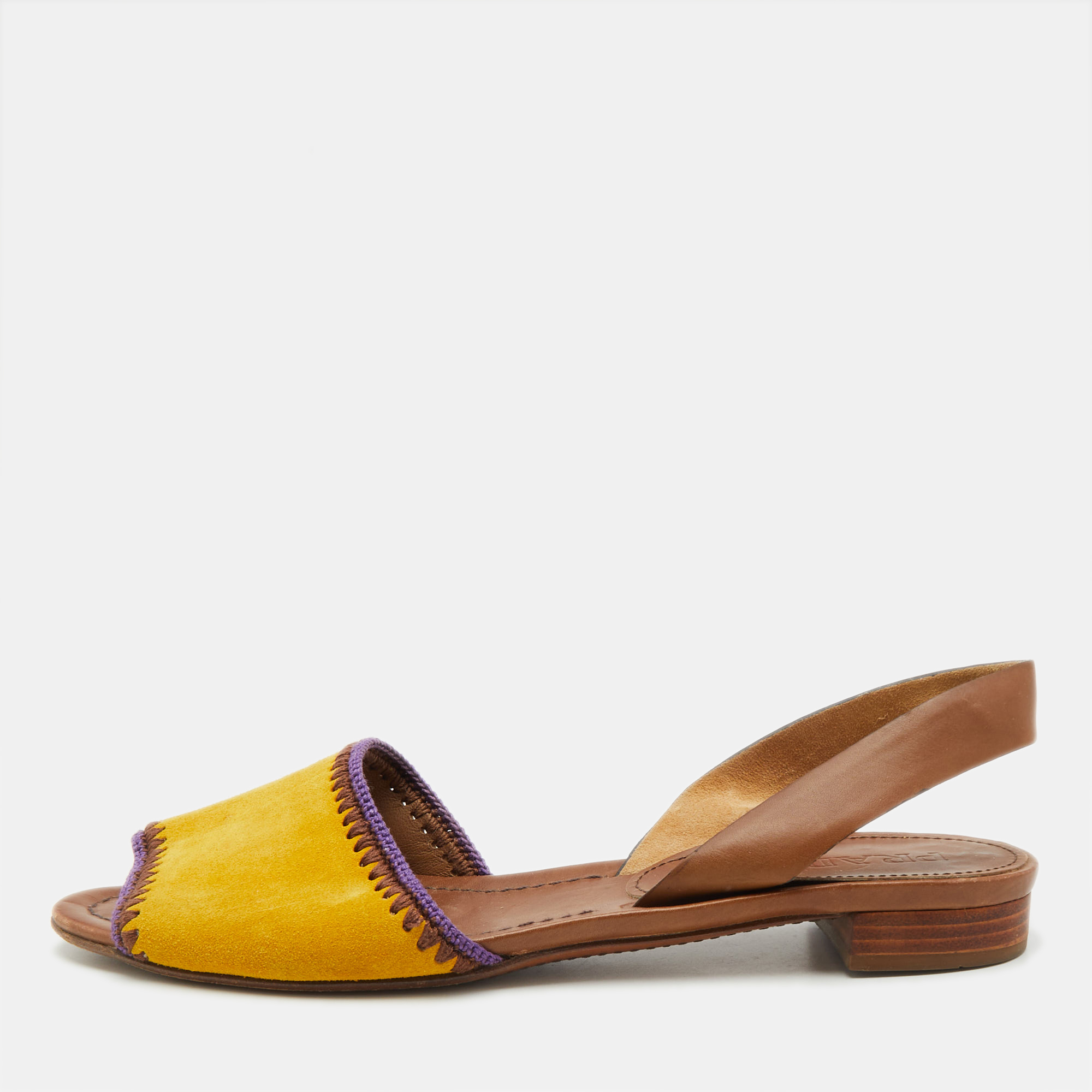 

Prada Yellow/Brown Suede and Leather Flat Slingback Sandals Size