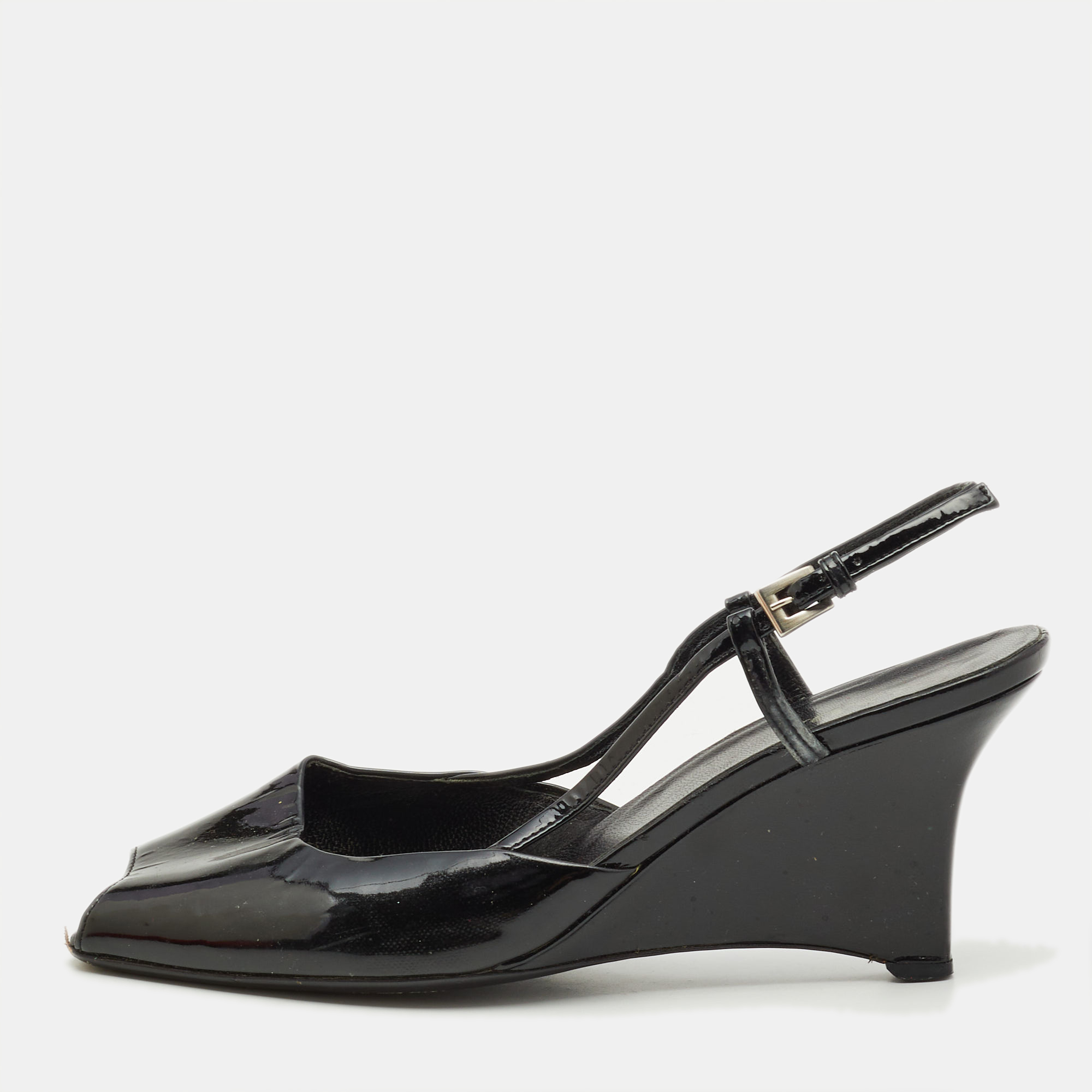 

Prada Black Patent Leather Wedge Slingback Sandals Size