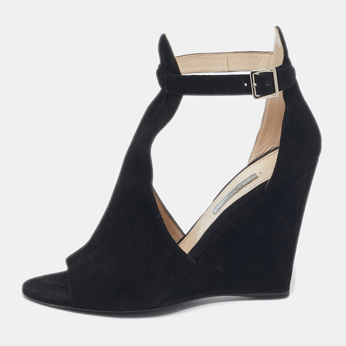 

Prada Black Suede Wedge Ankle Strap Sandals Size