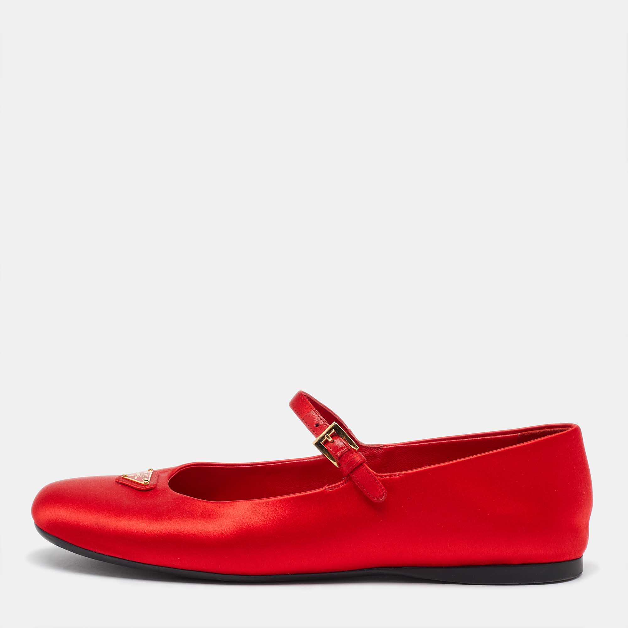 

Prada Red Satin Triangle Logo Mary Jane Ballet Flats Size