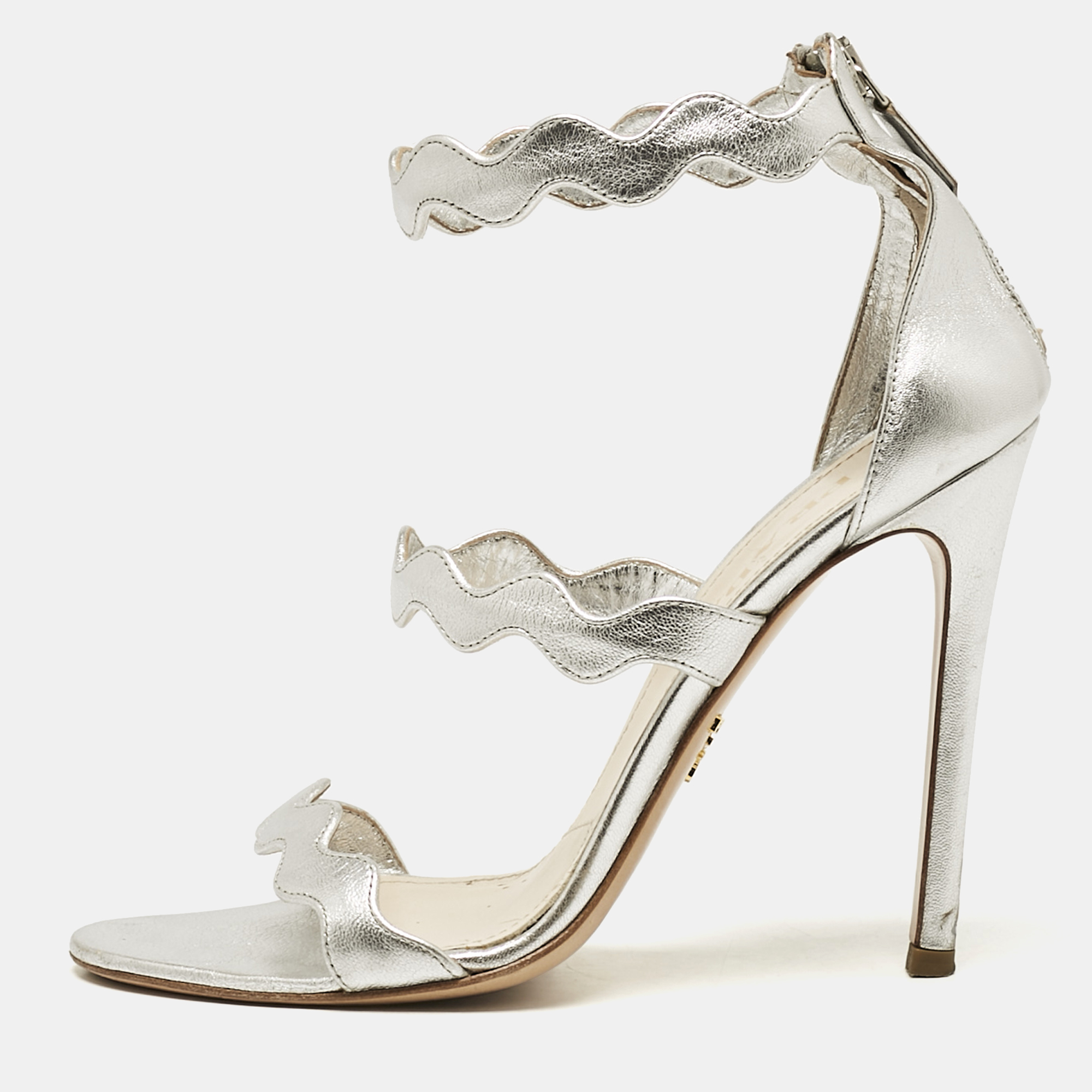 

Prada Silver Leather Ankle Strap Sandals Size