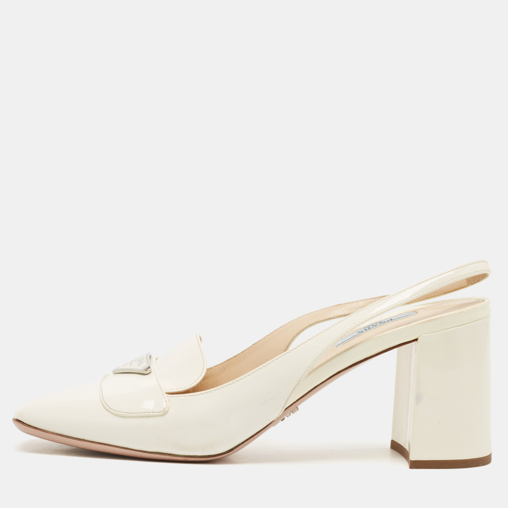 

Prada Off White Patent Leather Mary Jane Slingback Block Heel Pumps Size