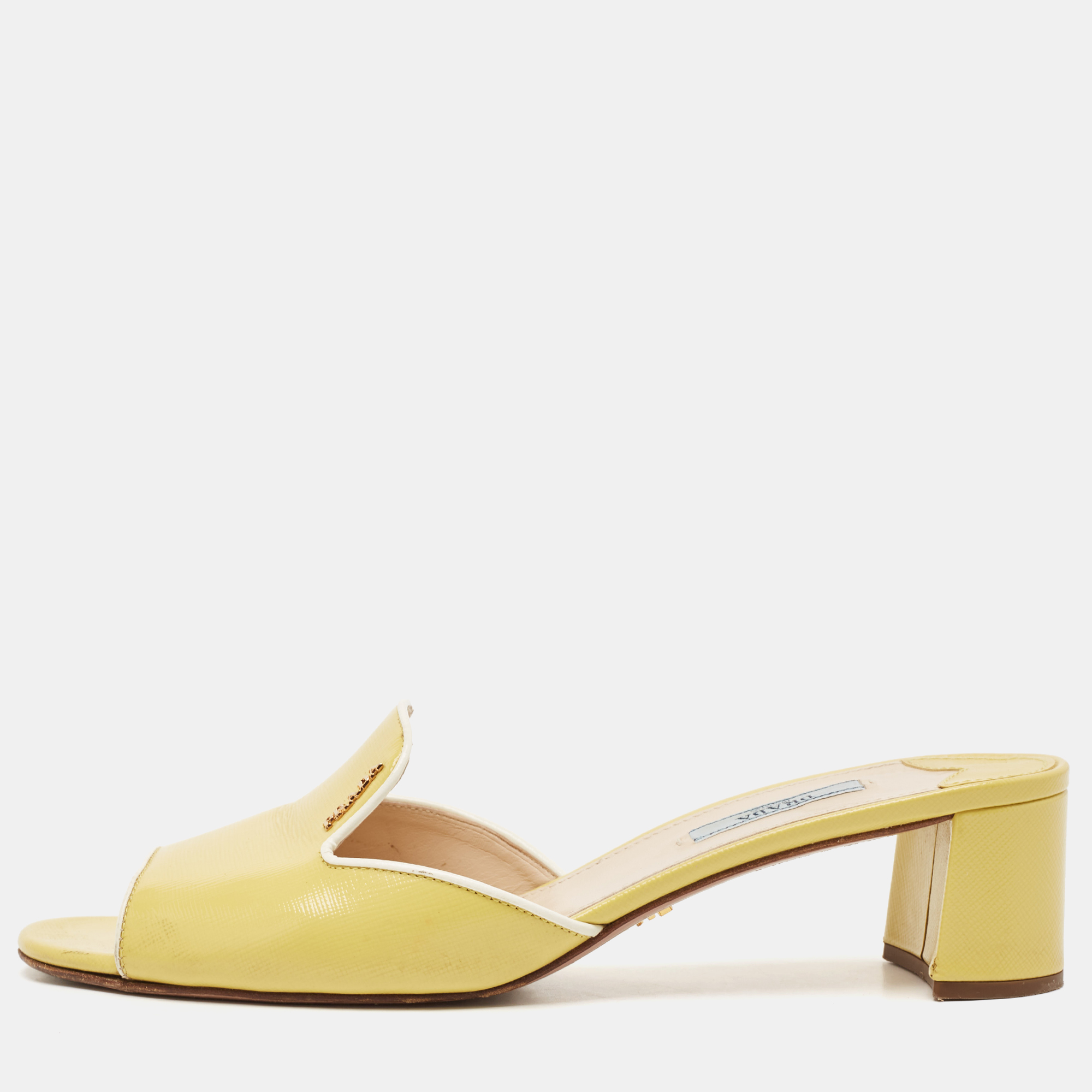 

Prada Yellow Saffiano Vernice Leather Slide Sandals Size