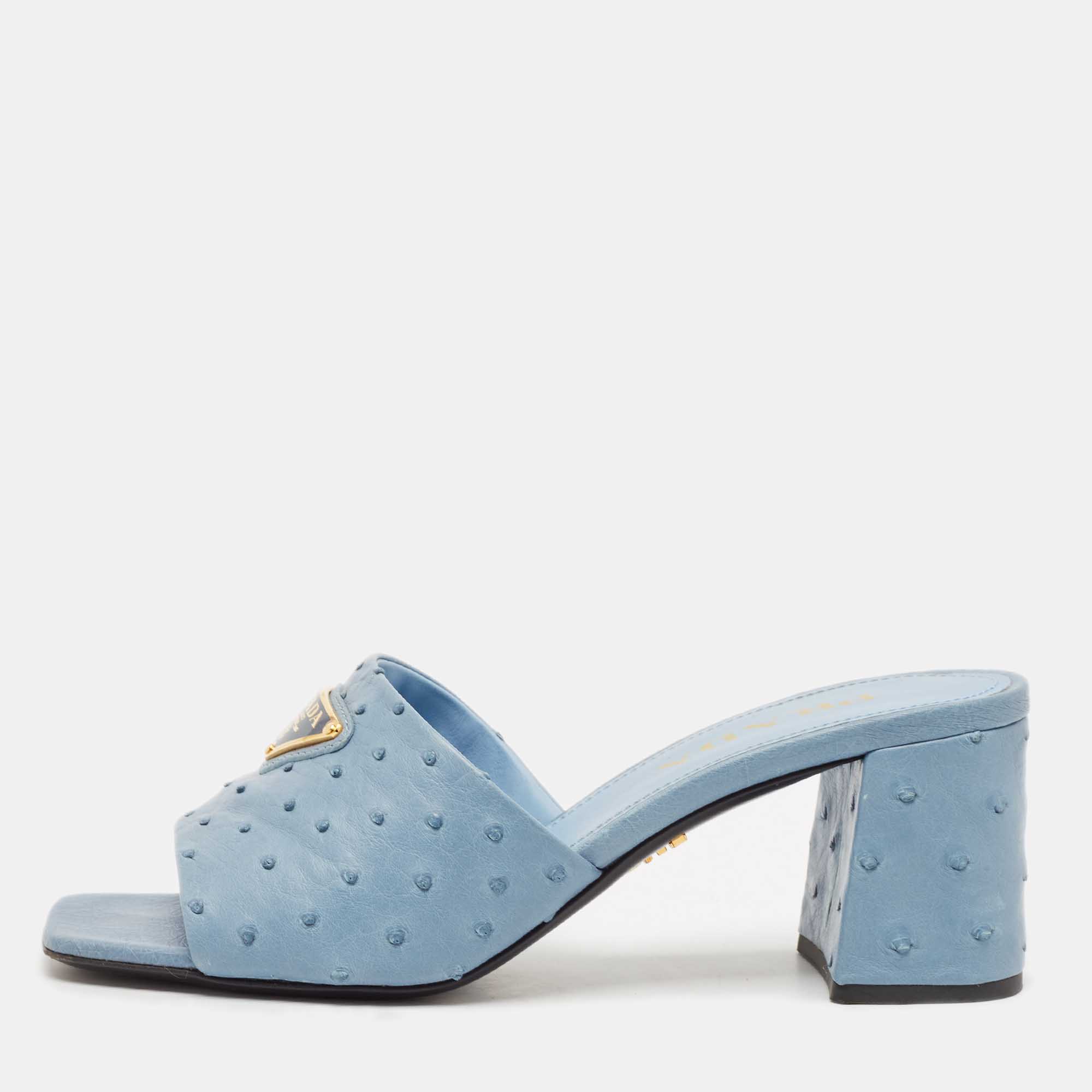 

Prada Blue Ostrich Slide Sandals Size