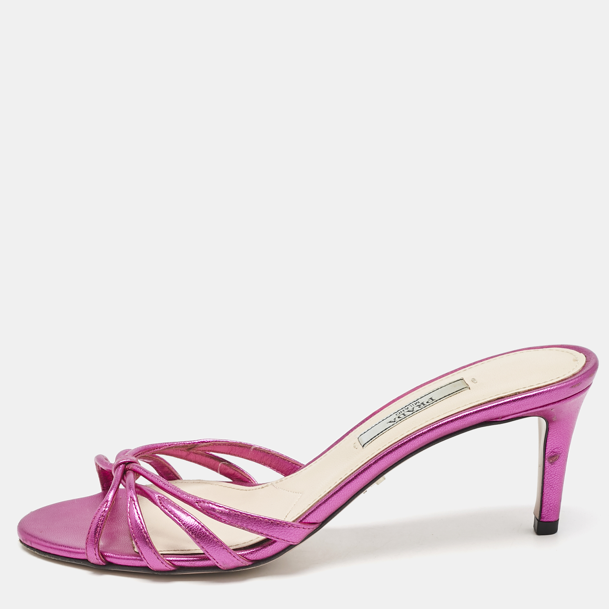 

Prada Rose Metallic Leather Crystal Embellished Slide Sandals Size, Pink