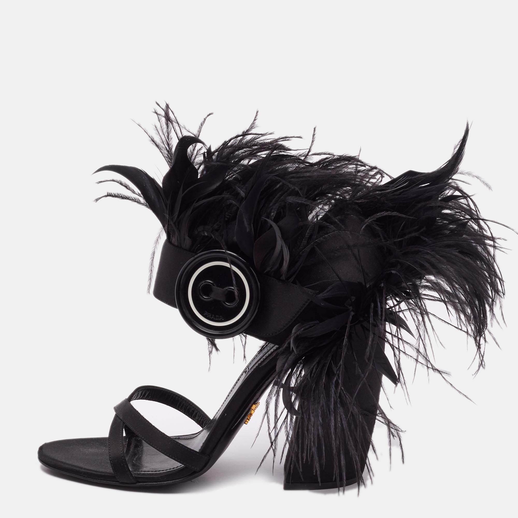 

Prada Black Satin and Ostrich Feather Block Heel Sandals Size