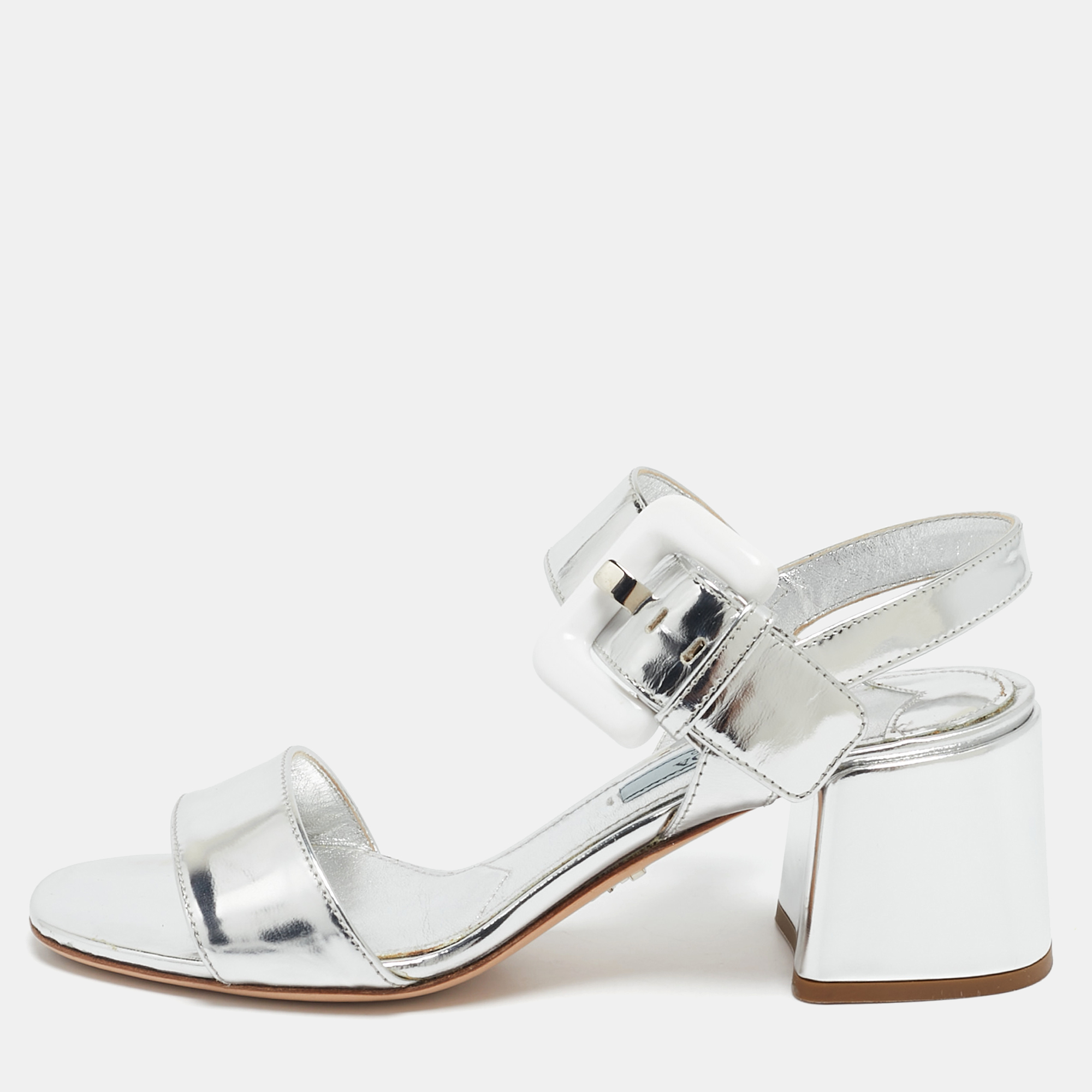 

Prada Silver Leather Ankle Strap Sandals Size