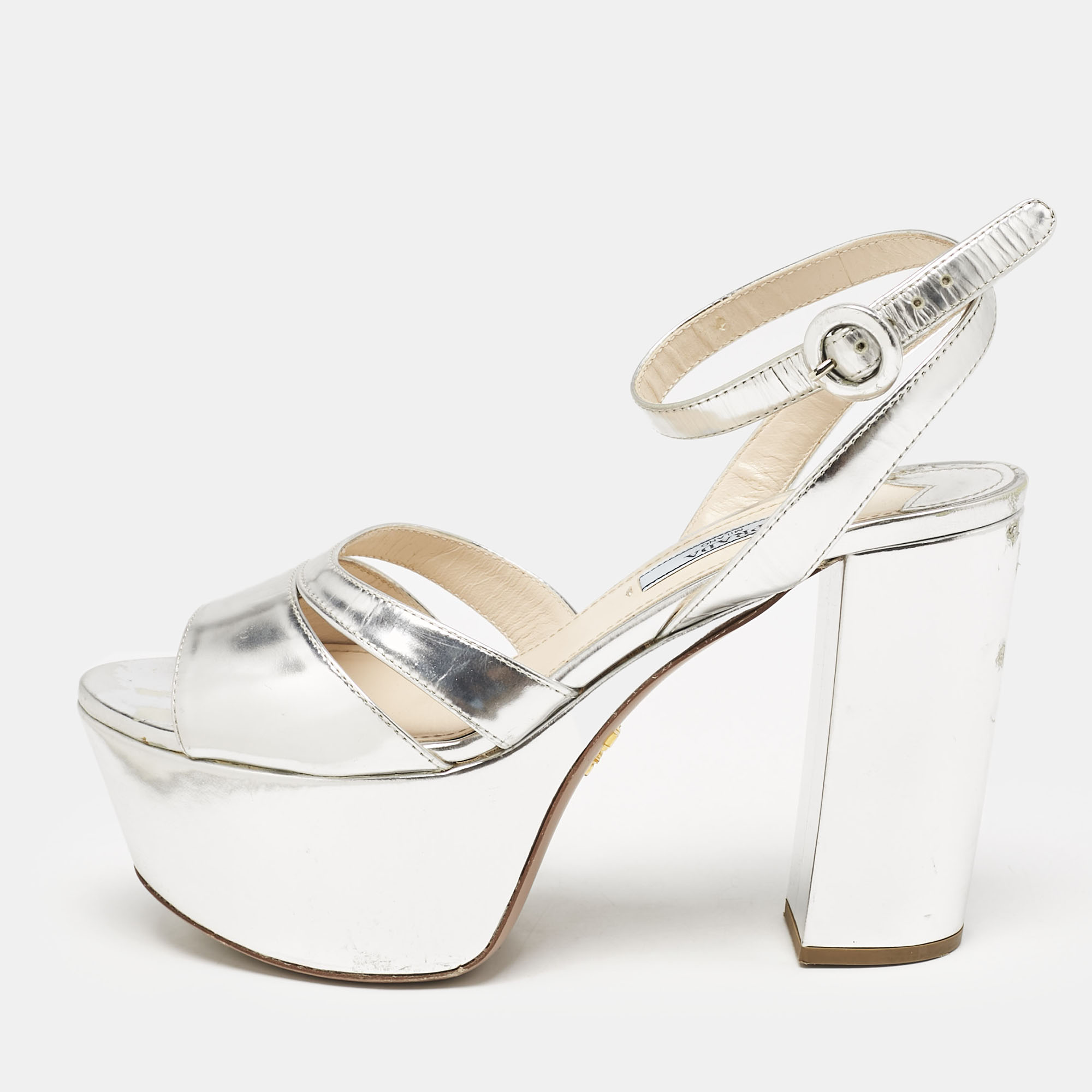 

Prada Silver Leather Ankle Strap Platform Sandals Size