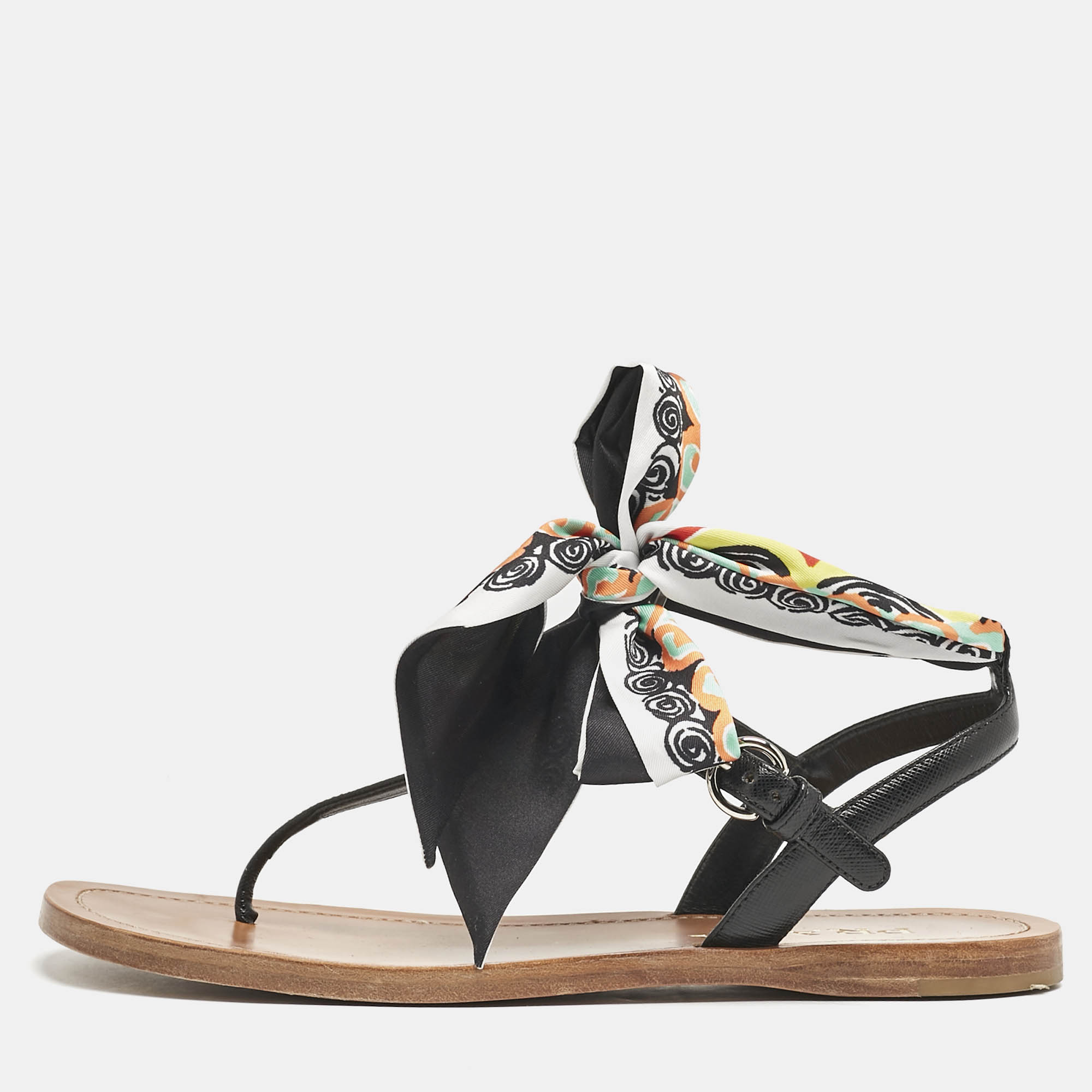 

Prada Black Saffiano Leather T-Strap Ribbon Flat Sandals Size