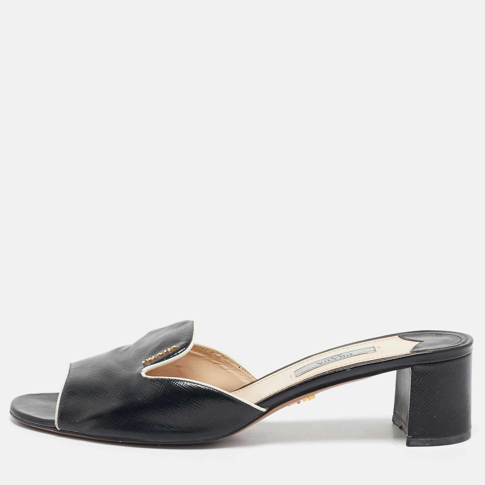 

Prada Black Saffinao Patent Leather Slide Sandals Size
