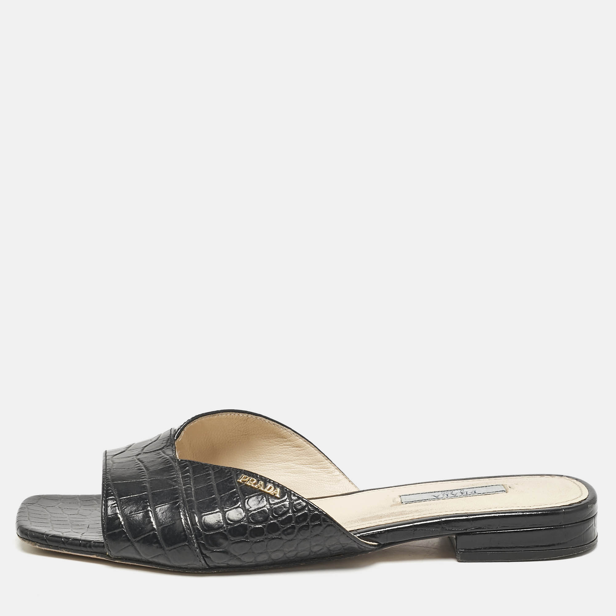 

Prada Black Croc Embossed Leather Slide Mule Sandals Size